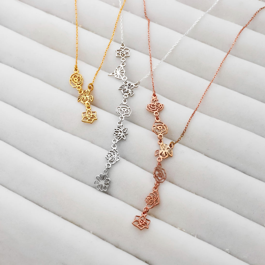 Birth Flower Lariat Necklace, Sterling Silver Y Necklace