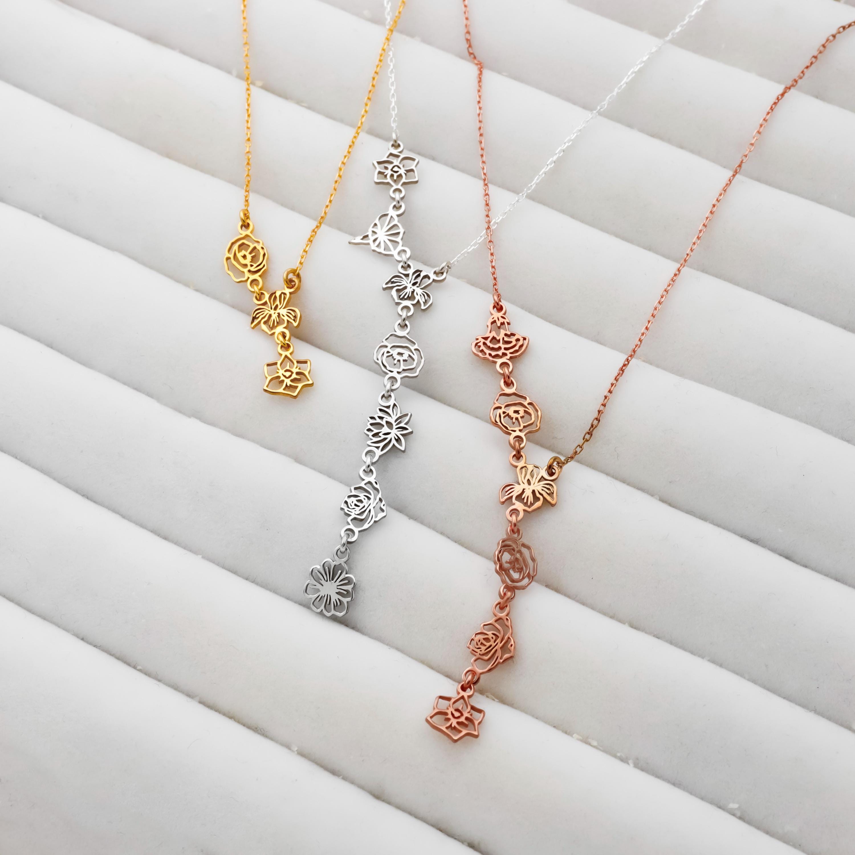 Birth Flower Lariat Necklace, Sterling Silver Y Necklace