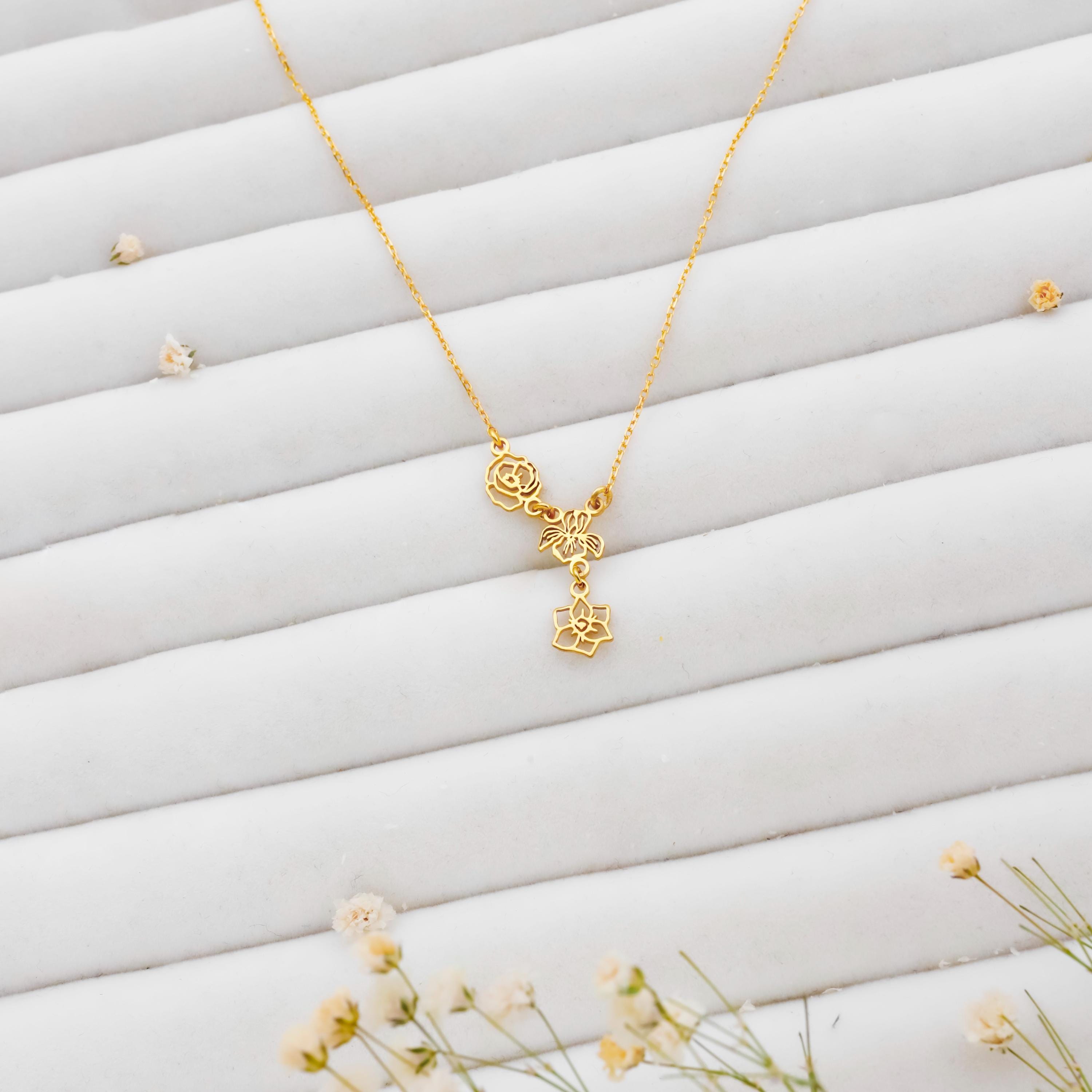 Birth Flower Lariat Necklace, Sterling Silver Y Necklace