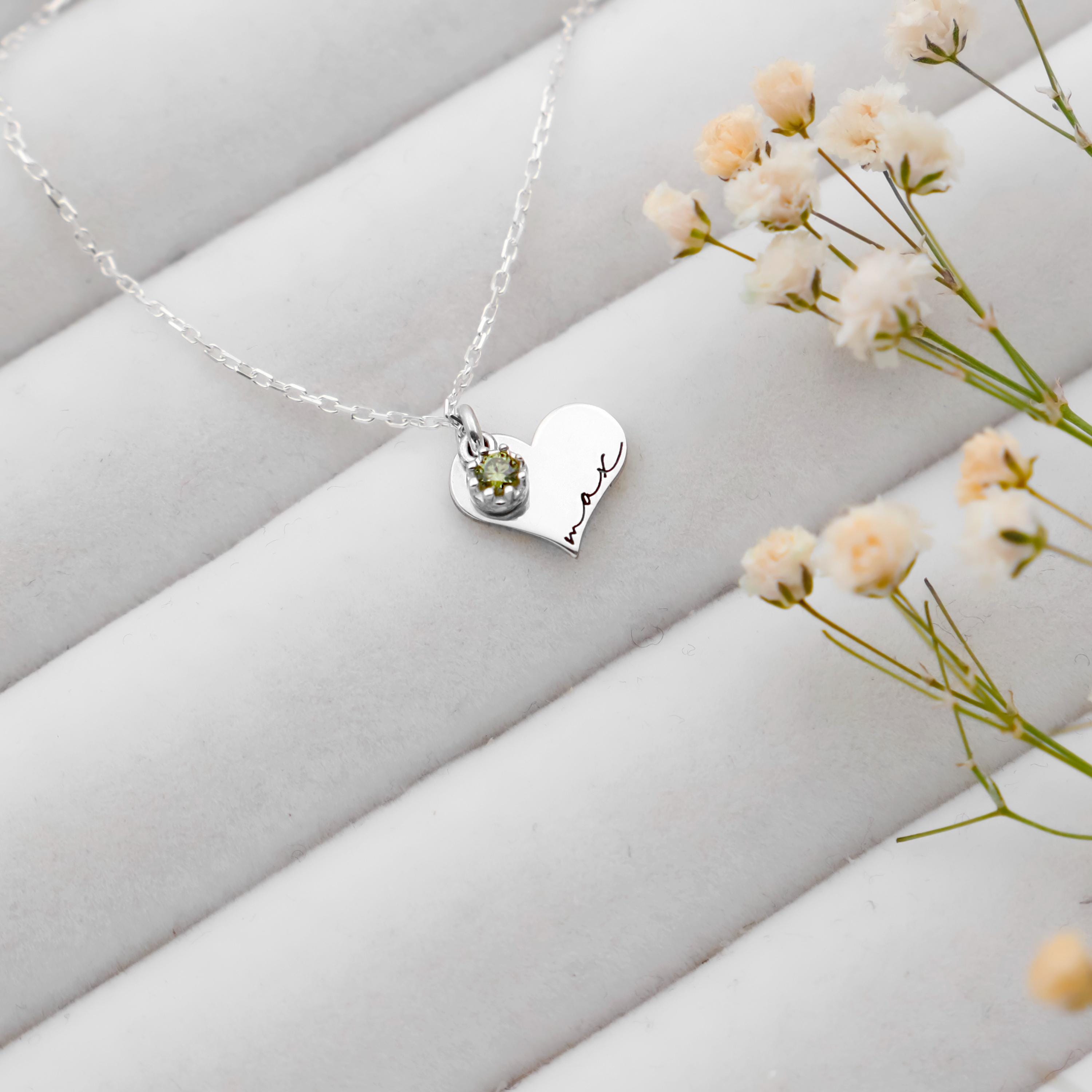 Personalized Birthstone Heart Necklace, Sterling Silver Dainty