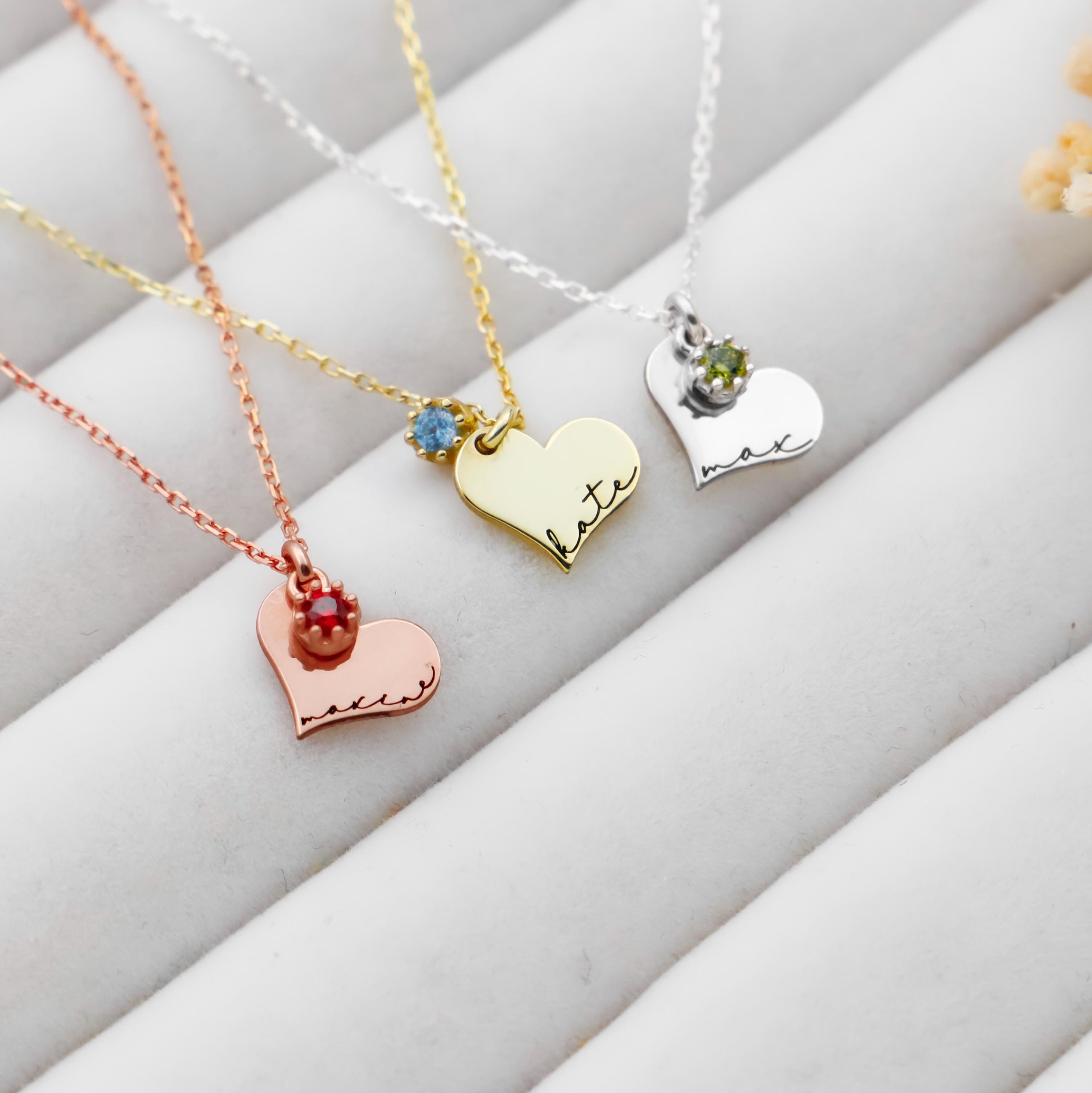 Personalized Birthstone Heart Necklace, Sterling Silver Dainty