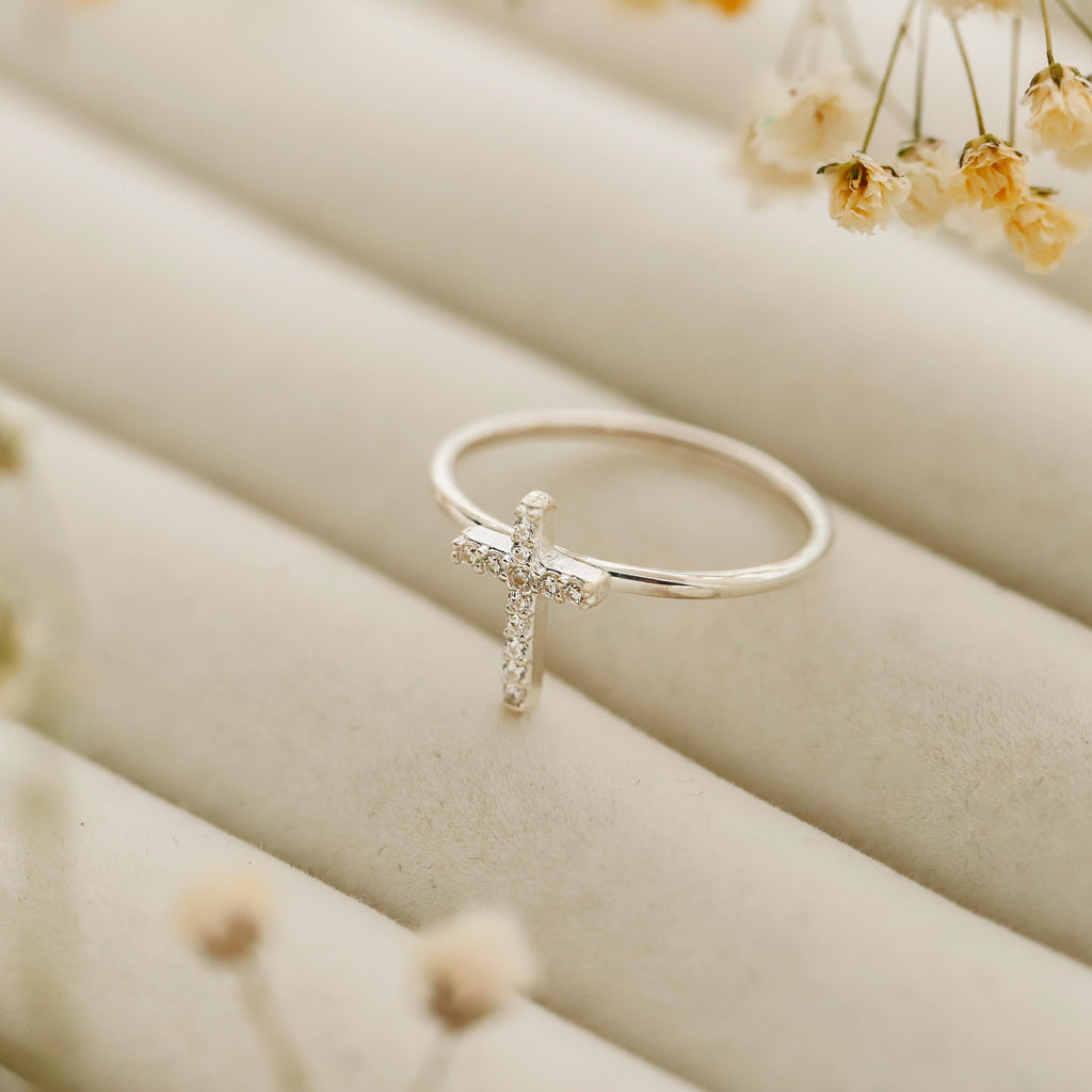 Sterling Silver Cross Ring, 925 Sterling Silver Diamond Accent