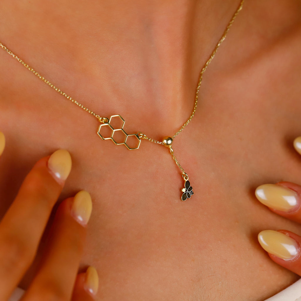 Honeycomb Bee Necklace, Moveable Bee Pendant, Sterling Silver