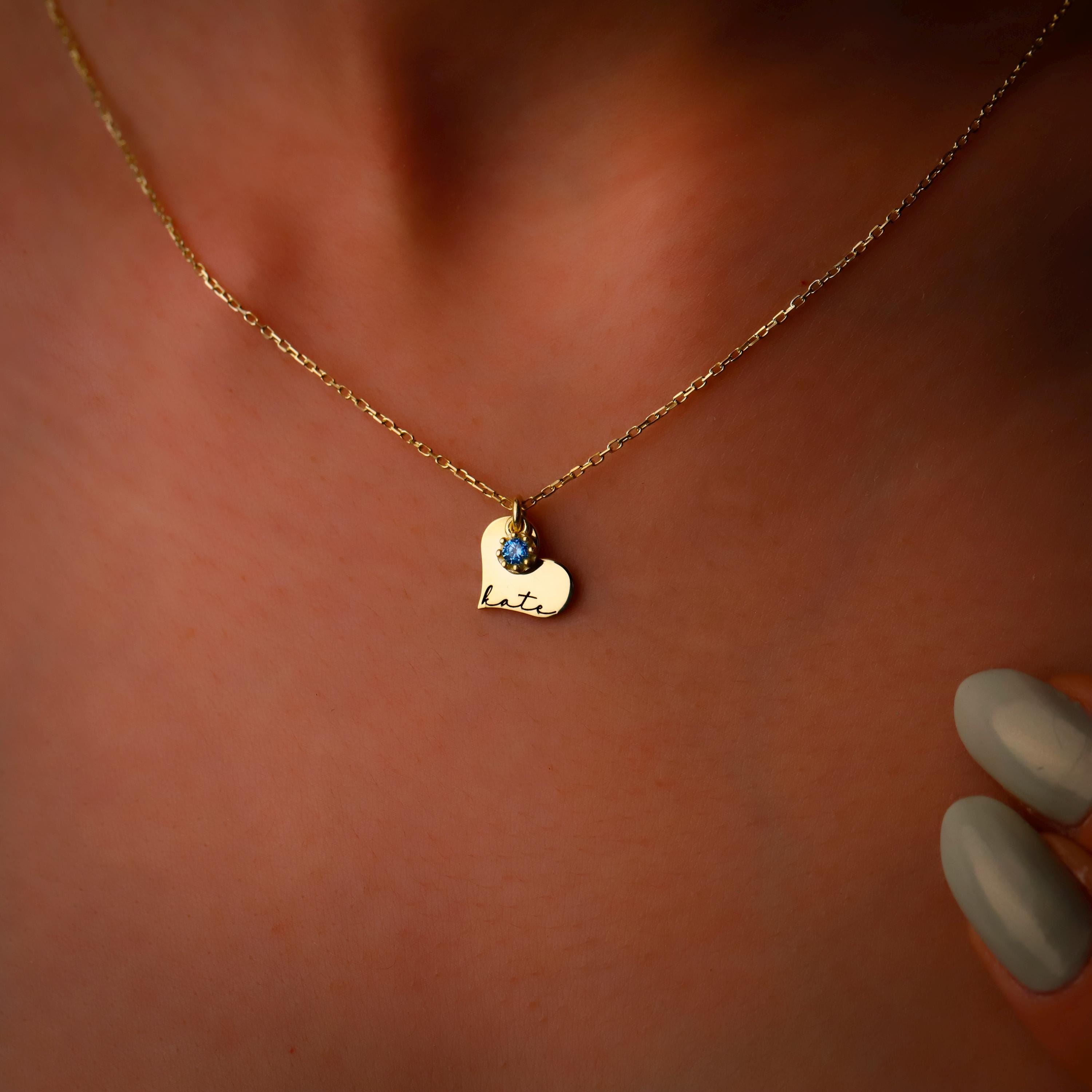 Personalized Birthstone Heart Necklace, Sterling Silver Dainty