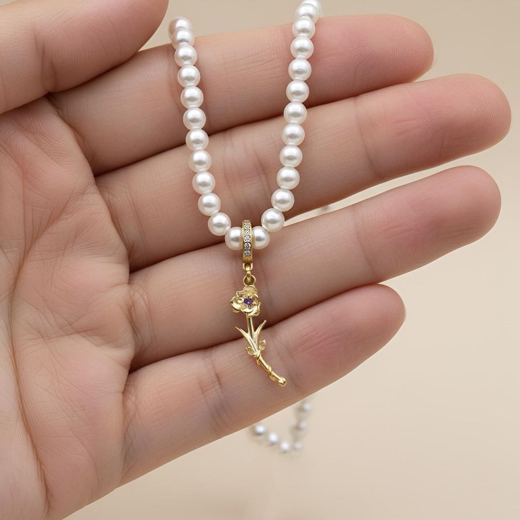 Custom Birth Flower Necklace, Sterling Silver Pearl Pendant Chain