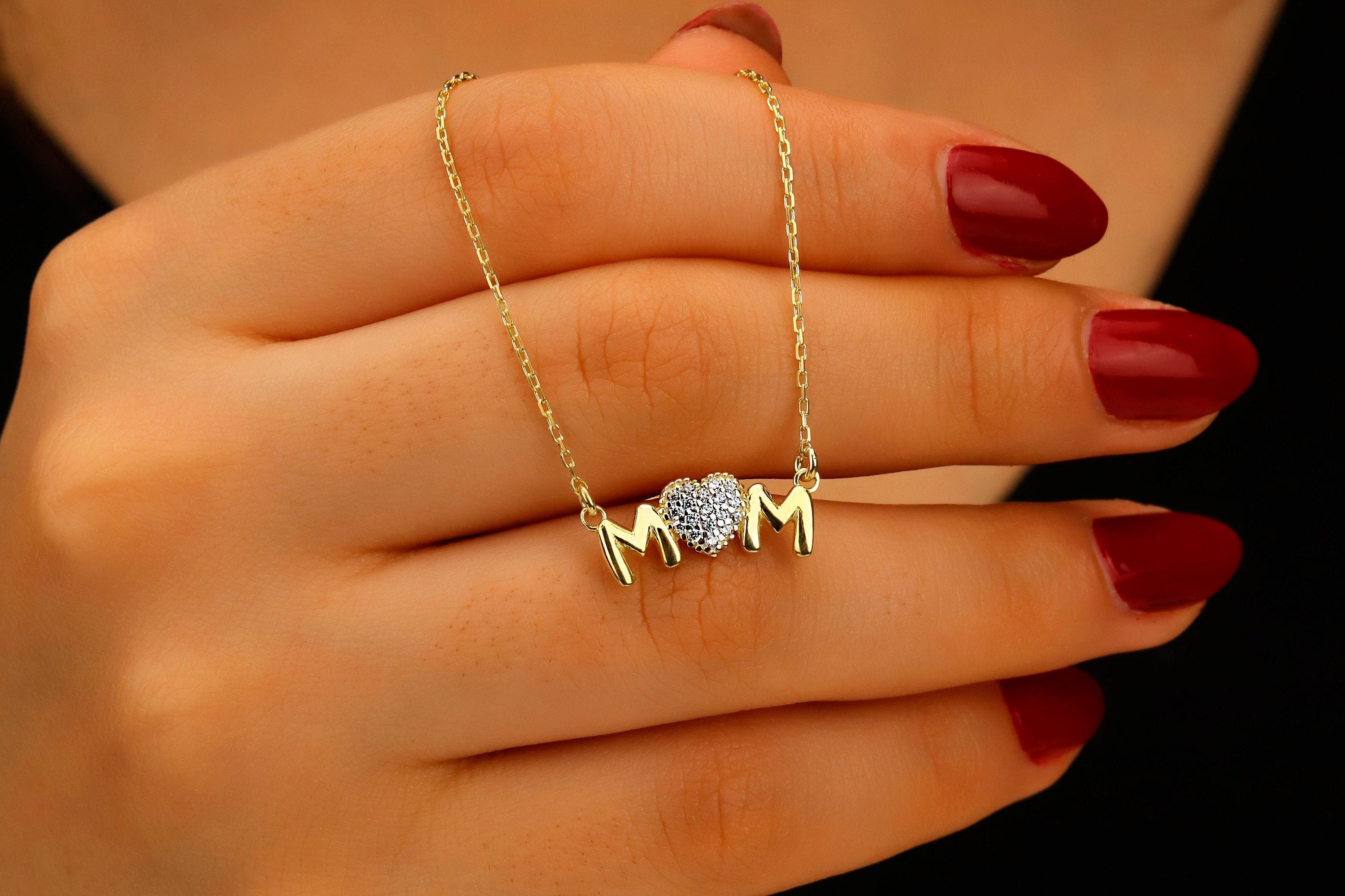 Sterling Silver Mom Necklace, Sparkling Diamond Heart Pendant