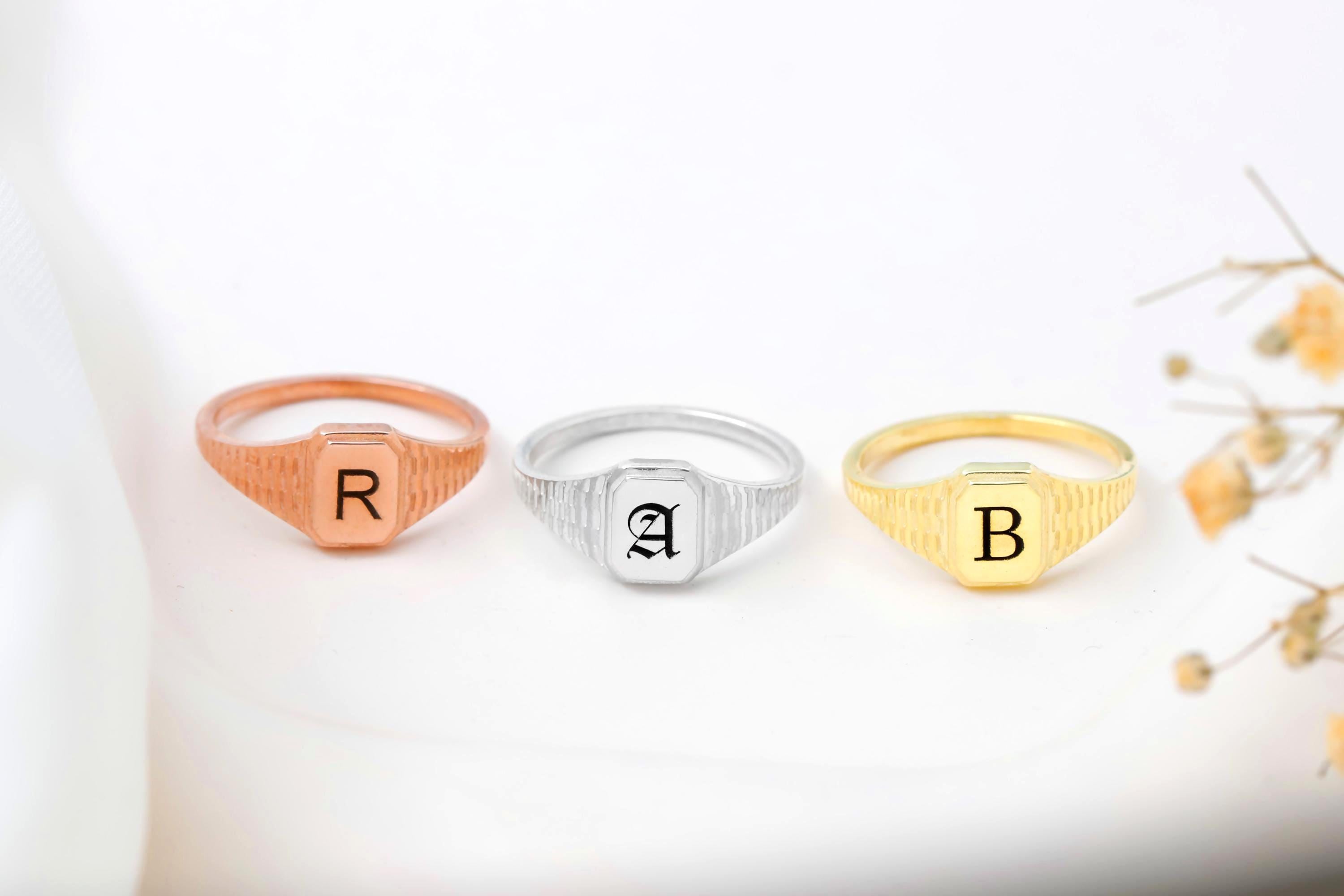 Personalized Hexagon Ring, Sterling Silver Initial Signet Ring