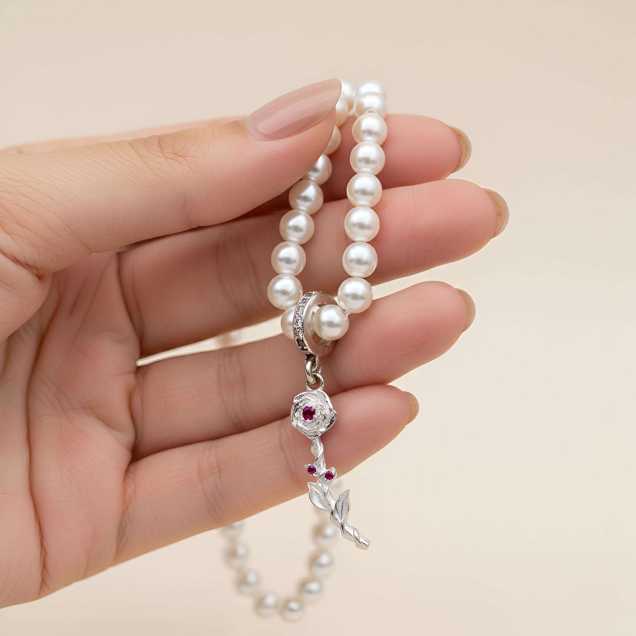 Custom Birth Flower Necklace, Sterling Silver Pearl Pendant Chain