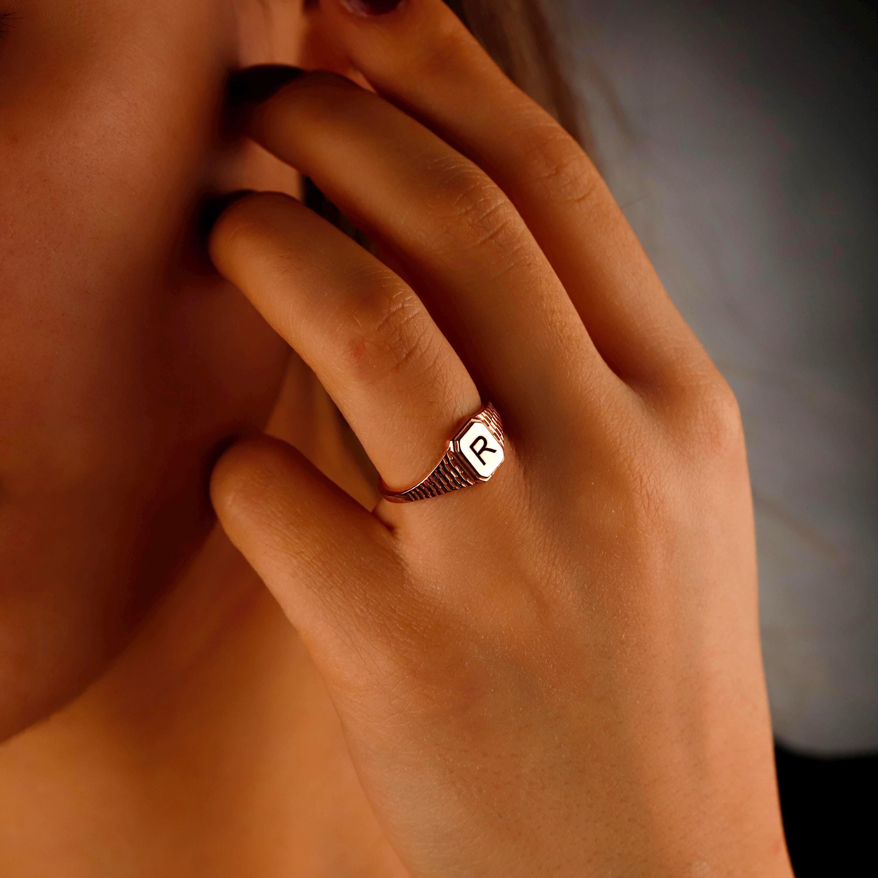 Personalized Hexagon Ring, Sterling Silver Initial Signet Ring