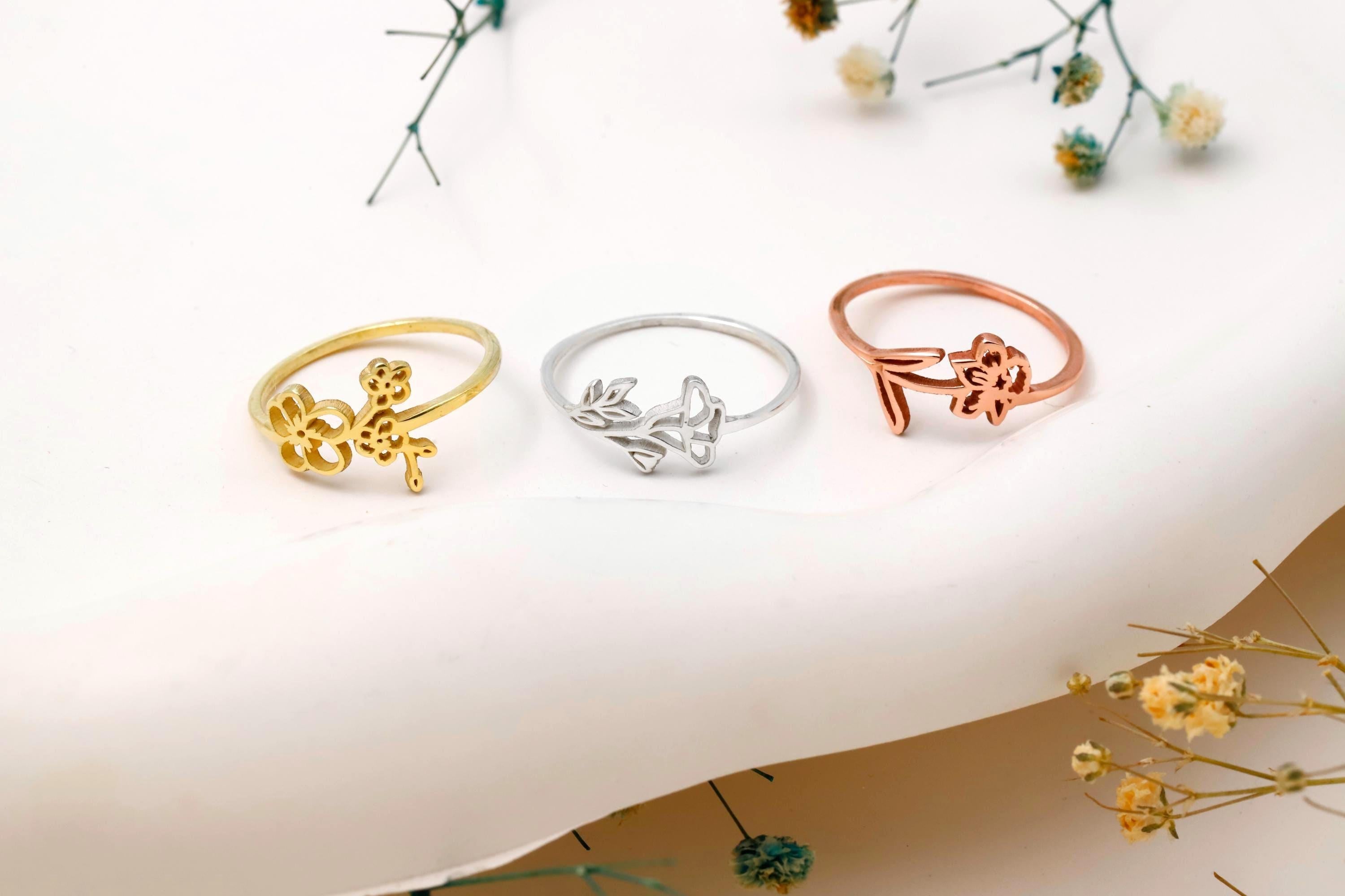 Birth Flower Ring, Personalized 925 Sterling Silver Floral Ring