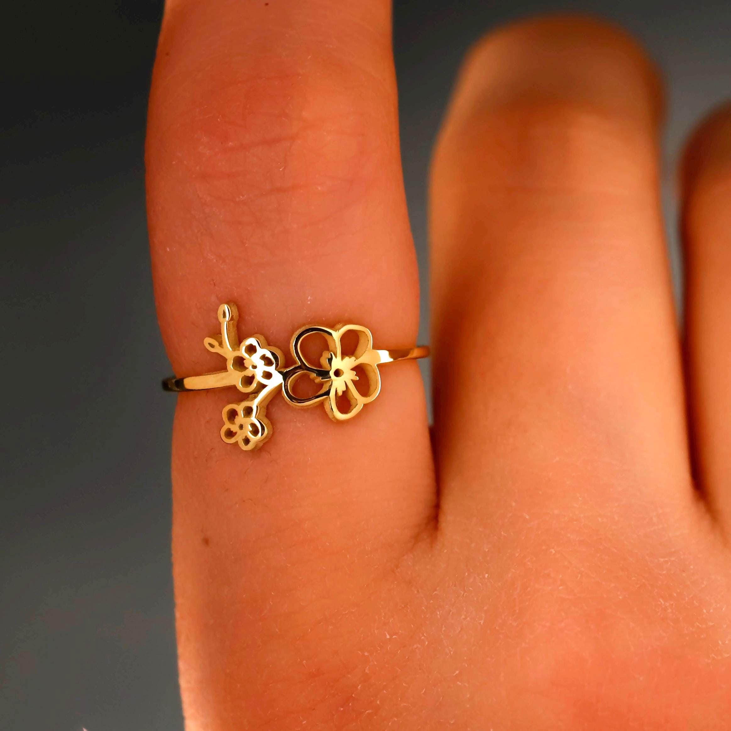 Birth Flower Ring, Personalized 925 Sterling Silver Floral Ring