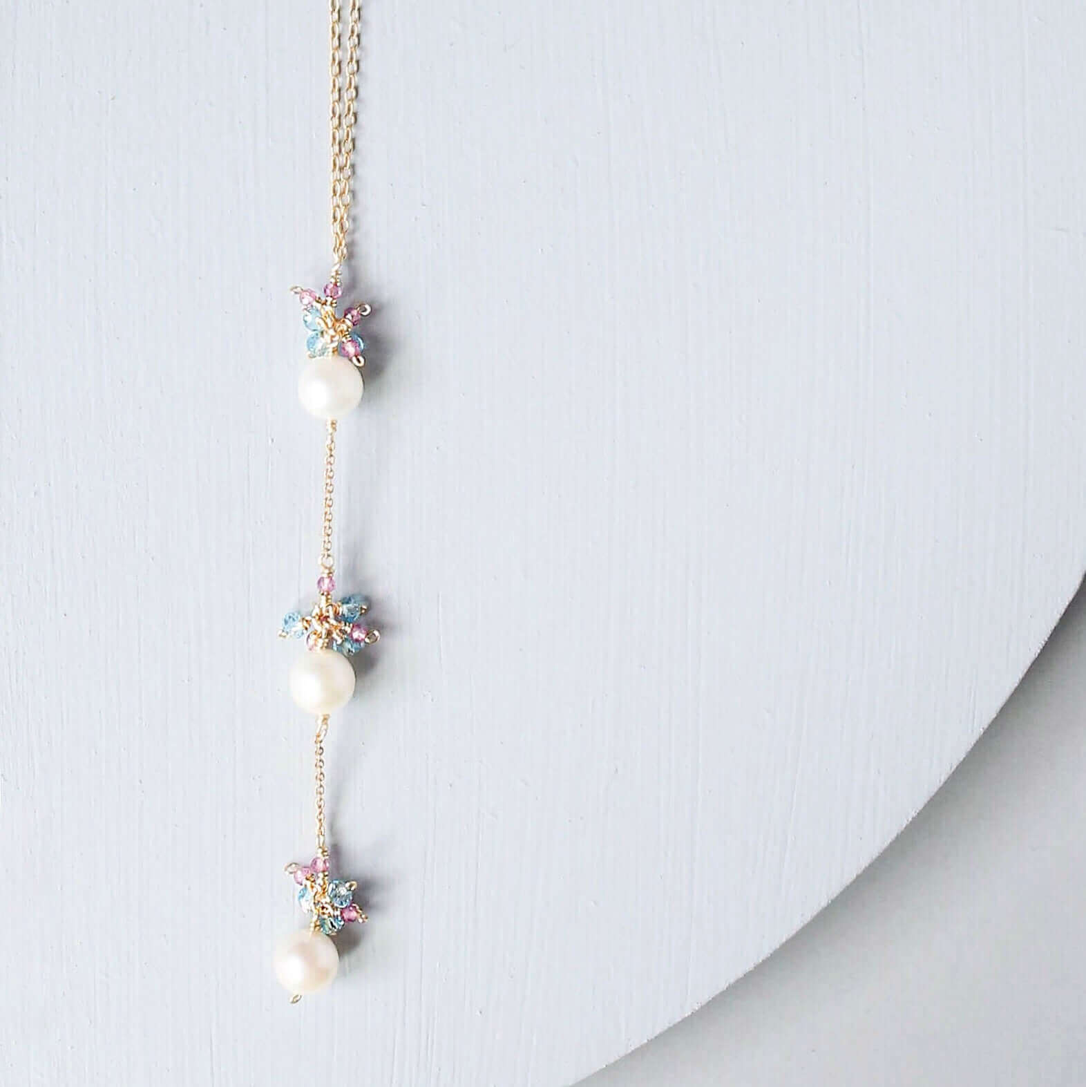 Pearl Quartz Necklace – Handmade Aquamarine Gemstone Bead Jewelry 18" 14k Gold Plated Chain