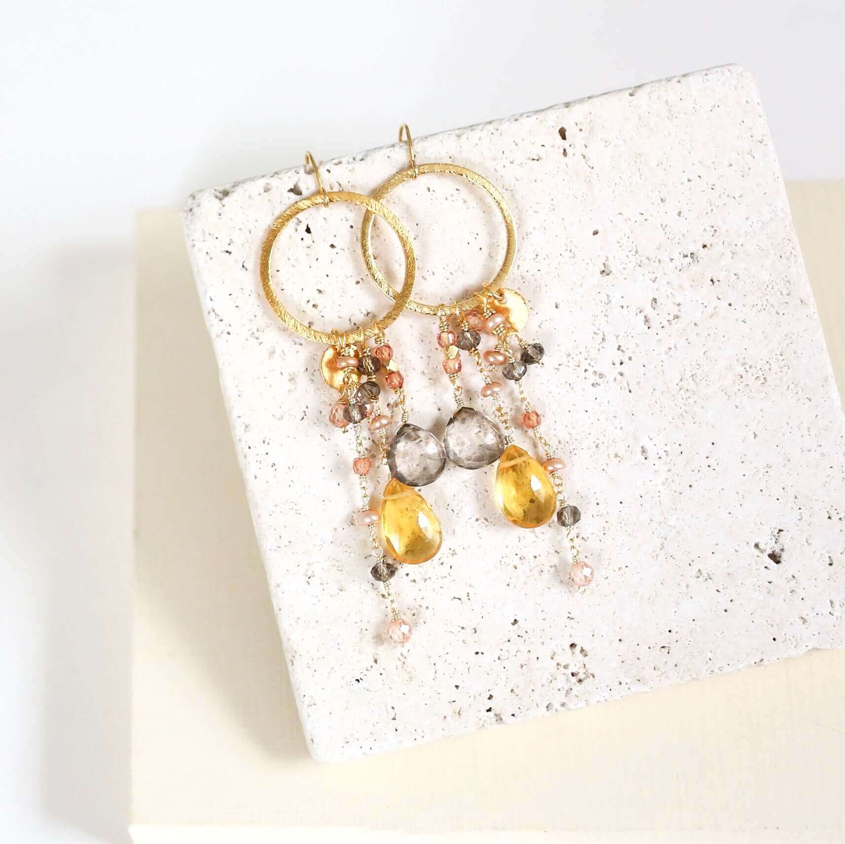 Rose Pink Gemstone Earrings – 14k Gold Plated Sterling Silver Hoops With Tourmaline Quartz