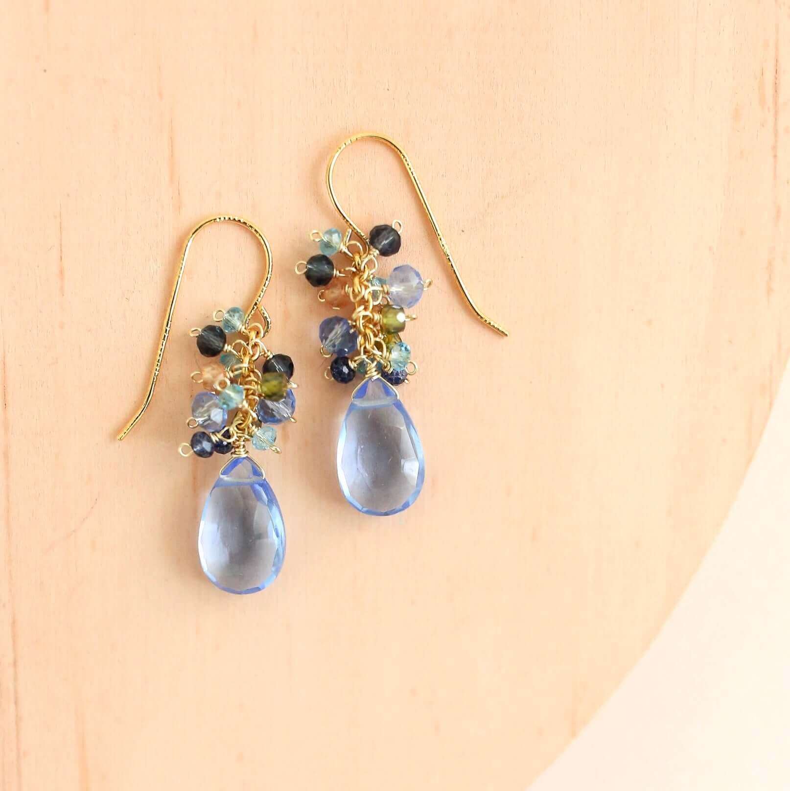 Peridot Quartz Earrings – Gold Drop Handmade Gemstone Earrings With Rainbow Gems