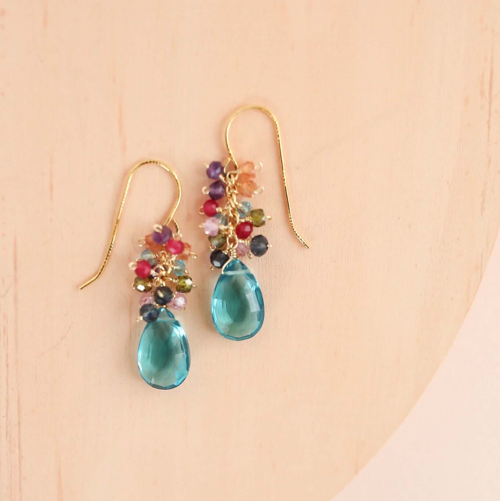 Gold Drop Earrings – Handmade 14k Gold Plated Drops With Rainbow Gem Drops