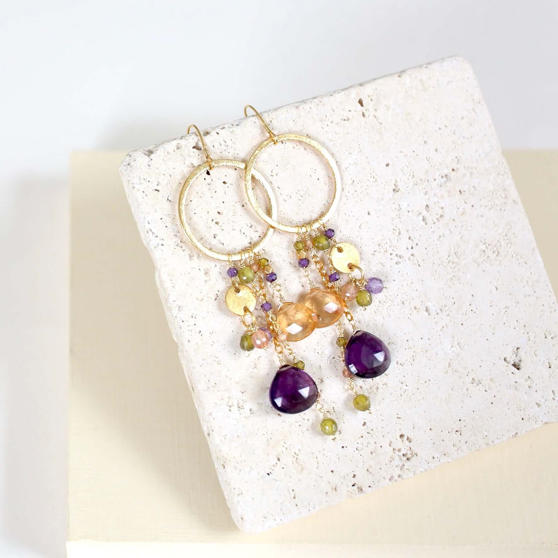 Citrine Smoky Quartz Earrings – Gold Plated Sterling Silver Hoops 3.5 Inch Long Gemstone