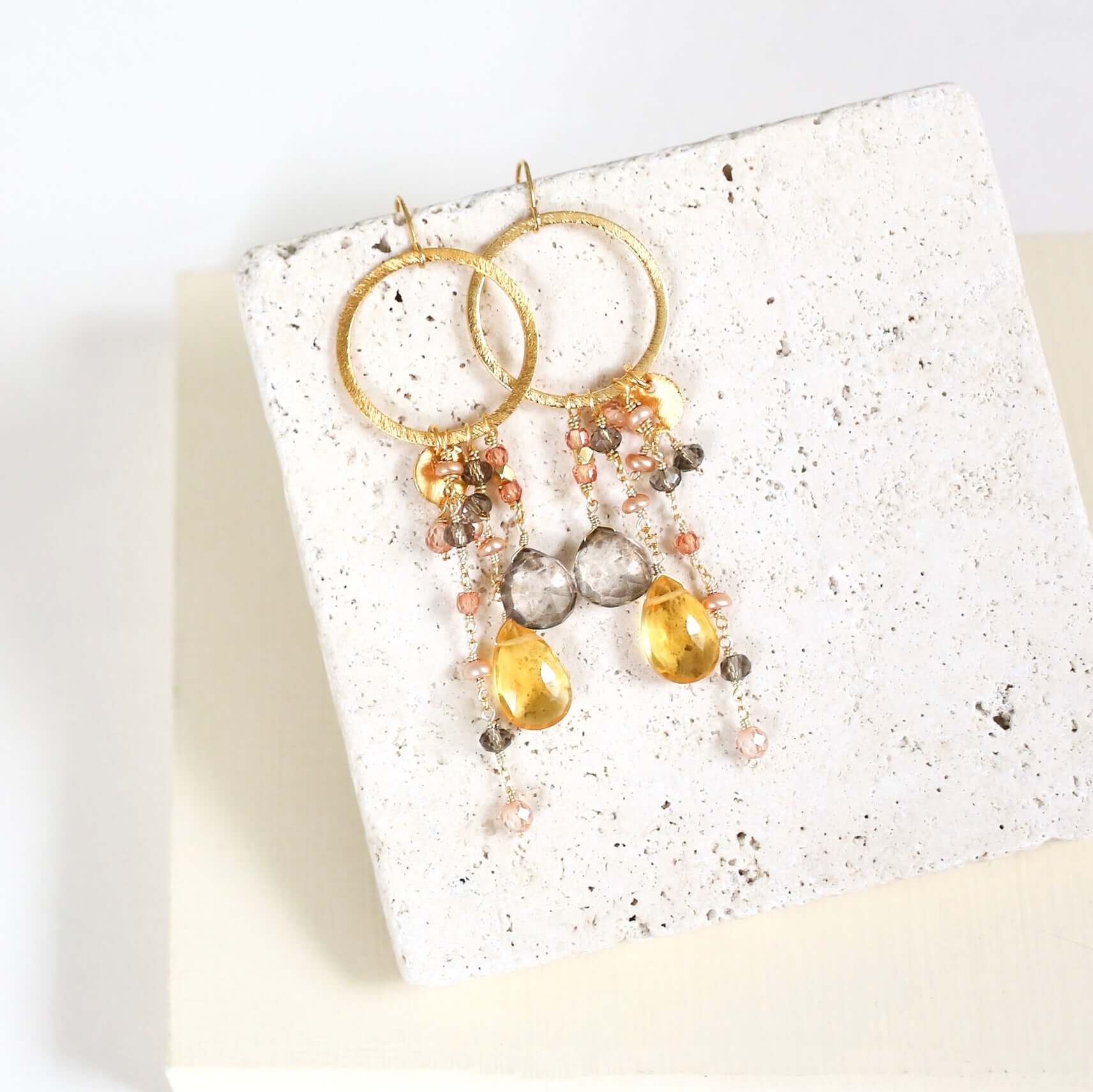 Amethyst Citrine Earrings – Gold Plated Sterling Silver Multi Strand Hoops