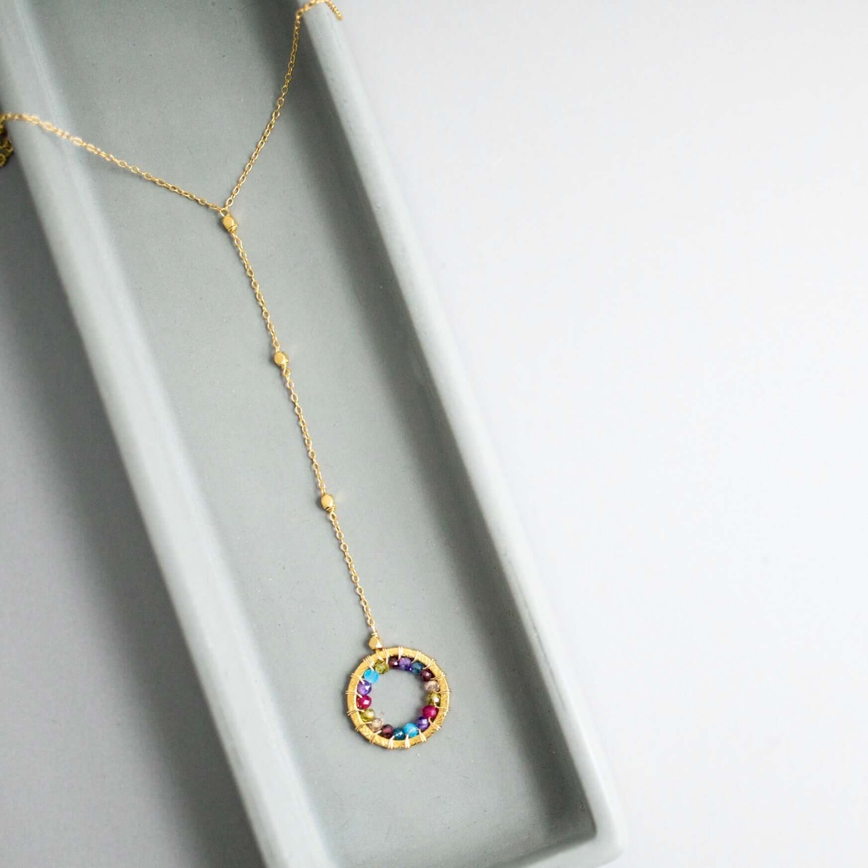 Black Spinel Necklace – Handmade Y Pendant With Pearl Halo & Rainbow Gemstone Jewelry