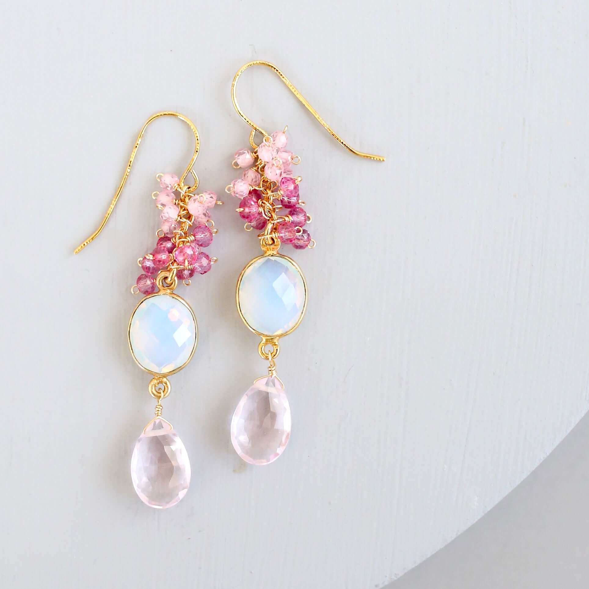Bezel Cluster Earrings – Handmade Gold Vermeil Earrings with Long Gemstone Drops