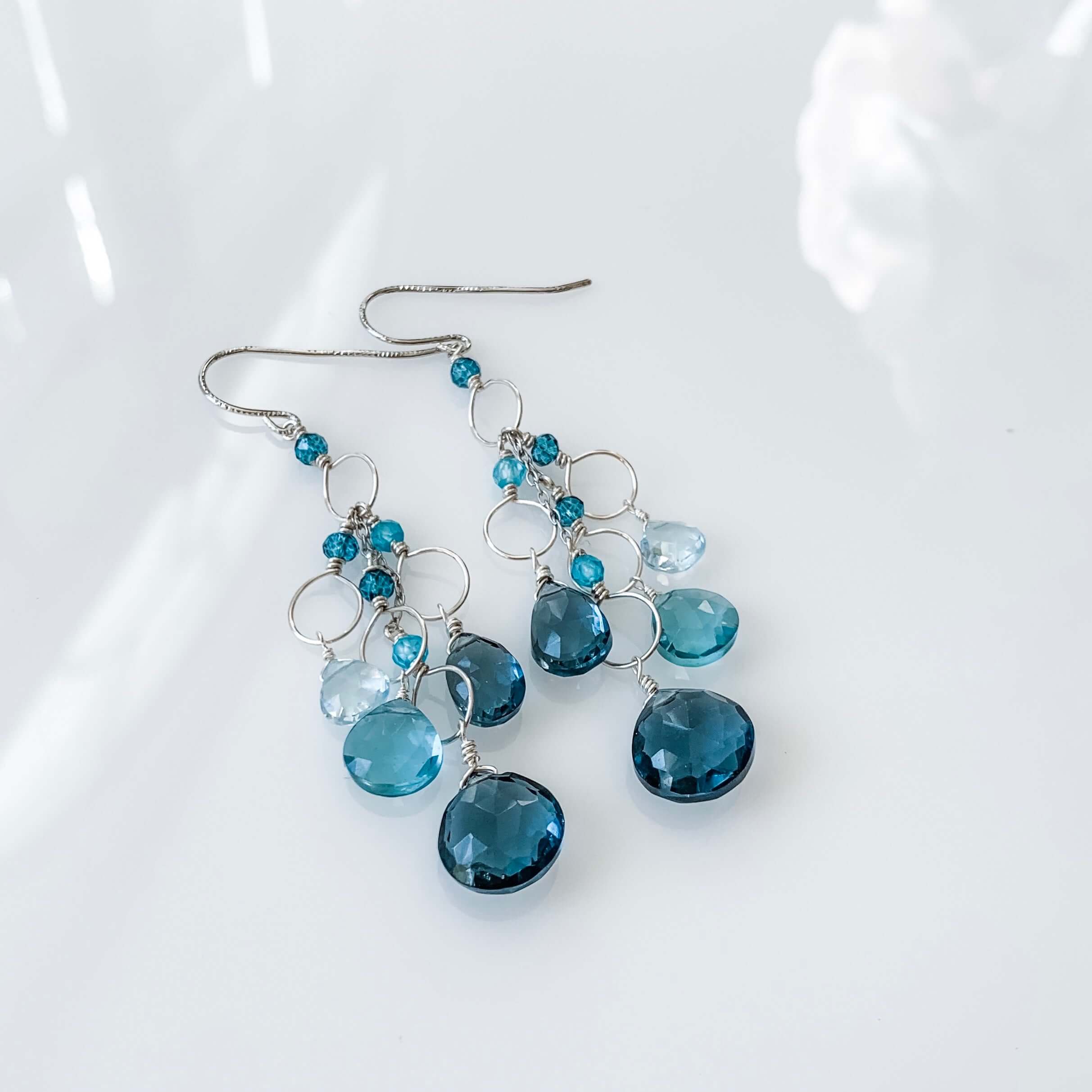 Gold Waterfall Earrings – 14k Gold Plated Tiered Chandelier With Iolite & Aquamarine