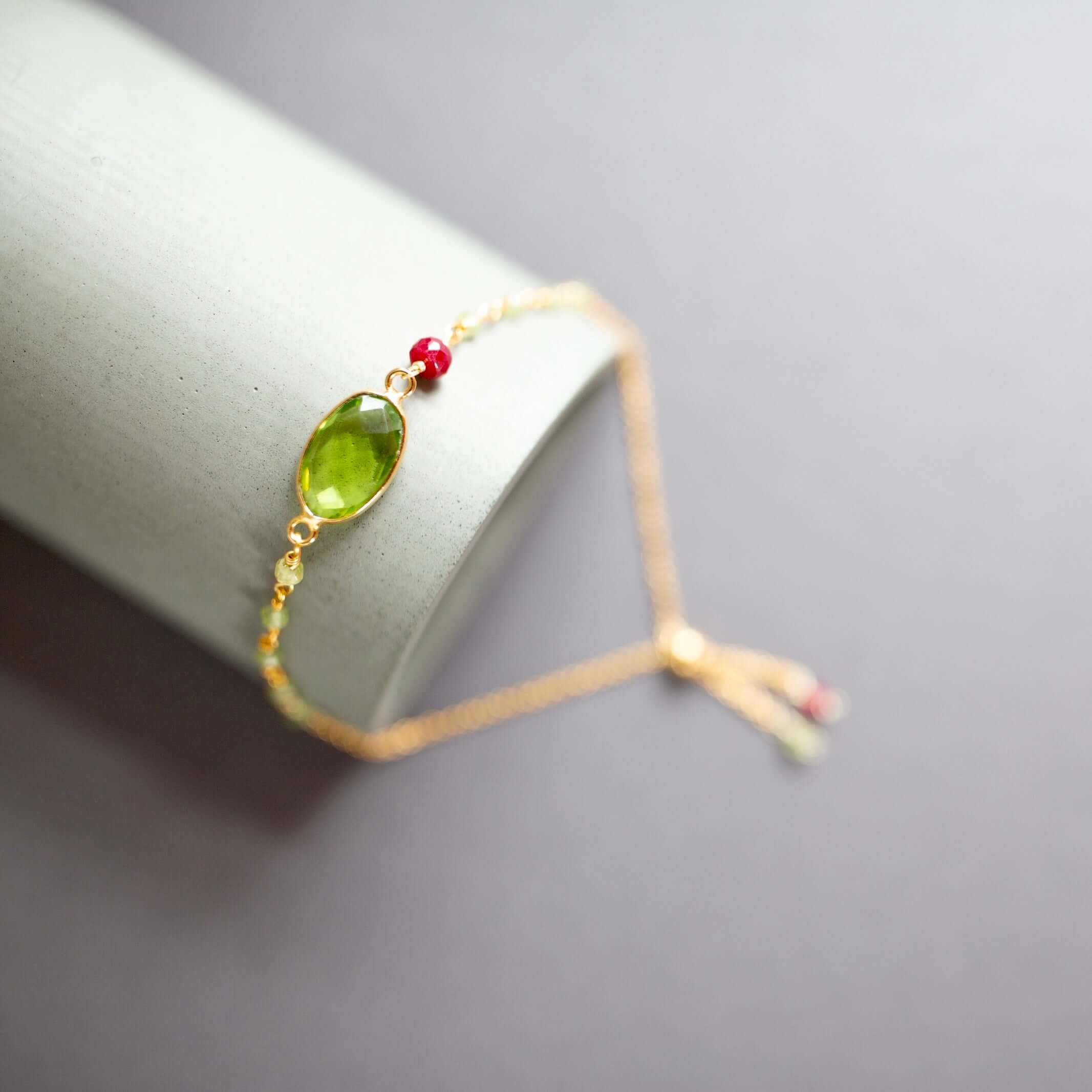 Peridot Quartz Bracelet – Adjustable Bezel Gemstone Bracelet With Red Jade Jewelry Accents