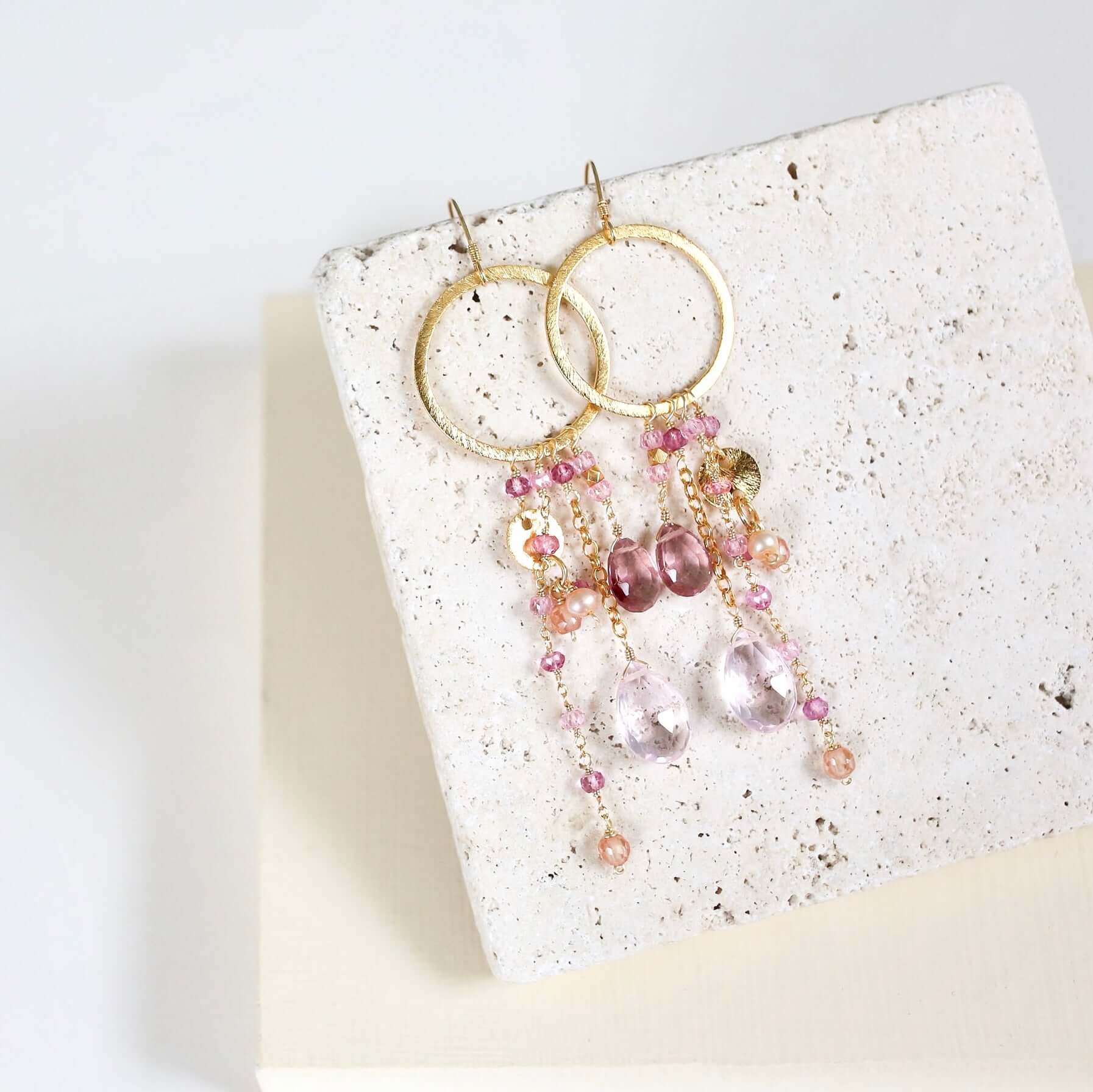 Citrine Smoky Quartz Earrings – Gold Plated Sterling Silver Hoops 3.5 Inch Long Gemstone