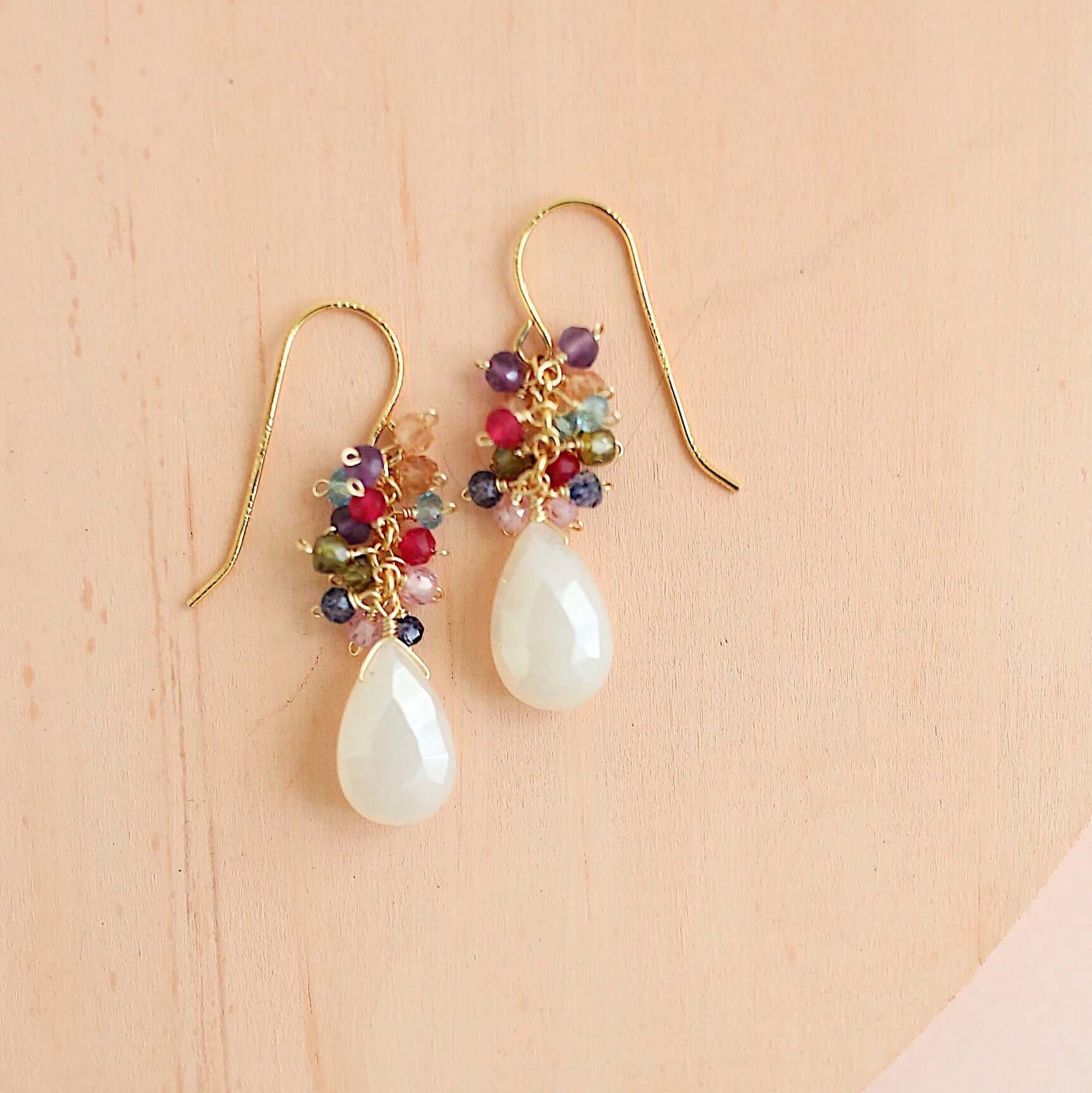 Gold Drop Earrings – Handmade 14k Gold Plated Drops With Rainbow Gem Drops
