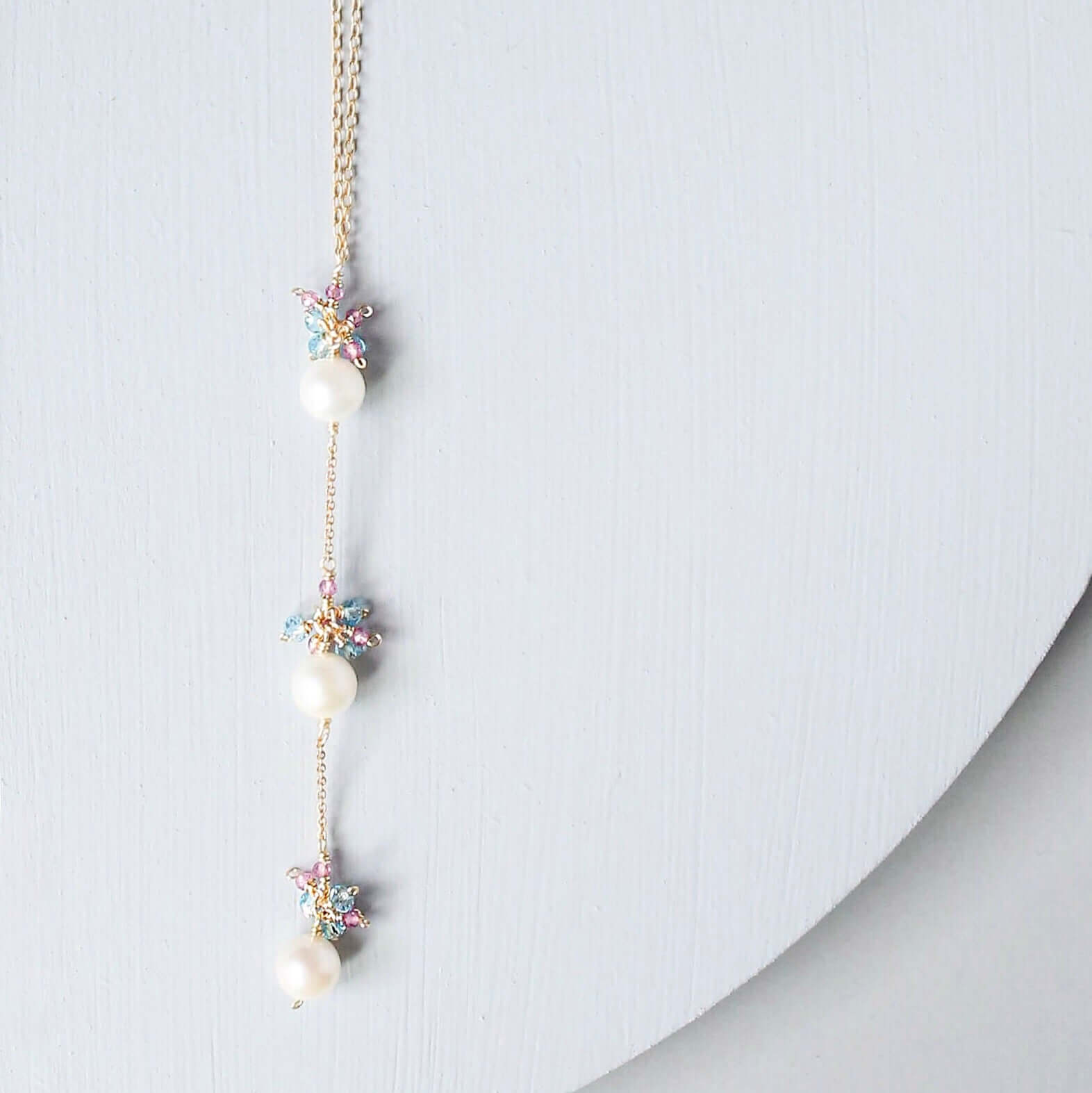 Pearl Gemstone Necklace – Handmade Freshwater Pearl & Aquamarine Jewelry 18"