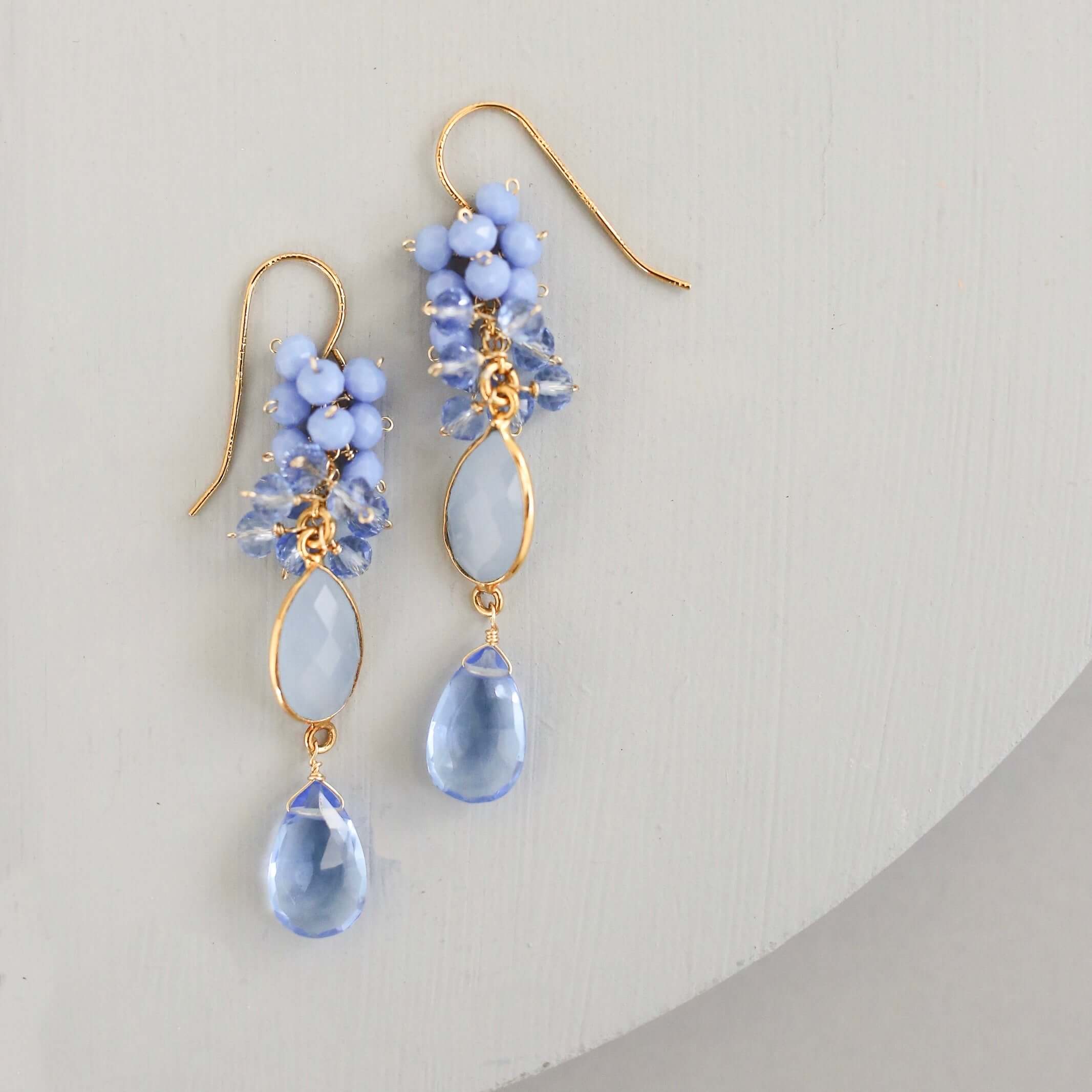 Bezel Cluster Earrings – Handmade Gold Vermeil Earrings with Long Gemstone Drops