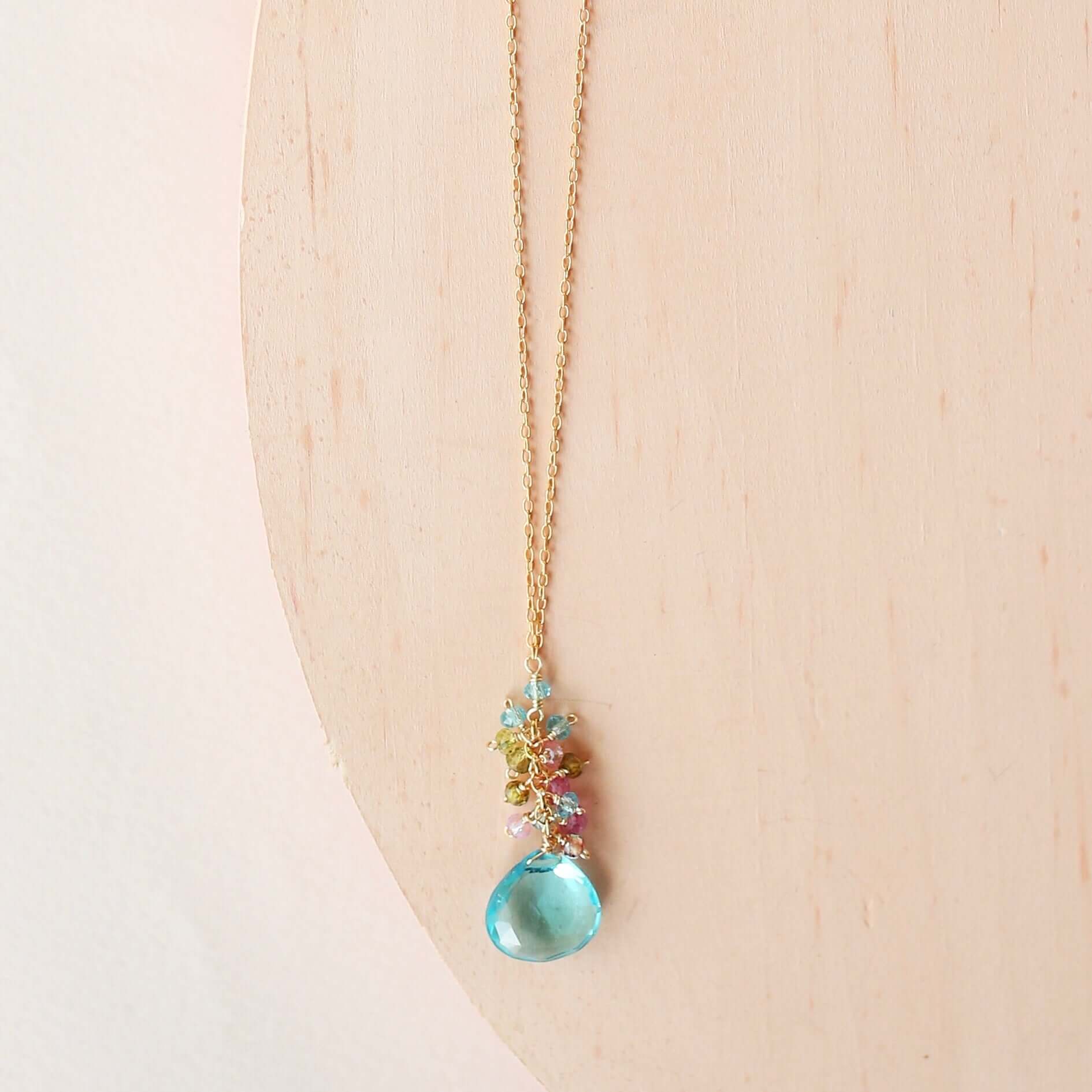 Aquamarine Quartz Necklace – Sterling Silver Raindrop Cluster Pendant with Extender