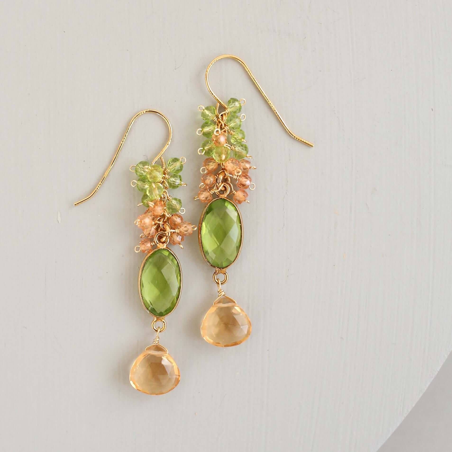 Bezel Cluster Earrings – Handmade Gold Vermeil Earrings with Long Gemstone Drops