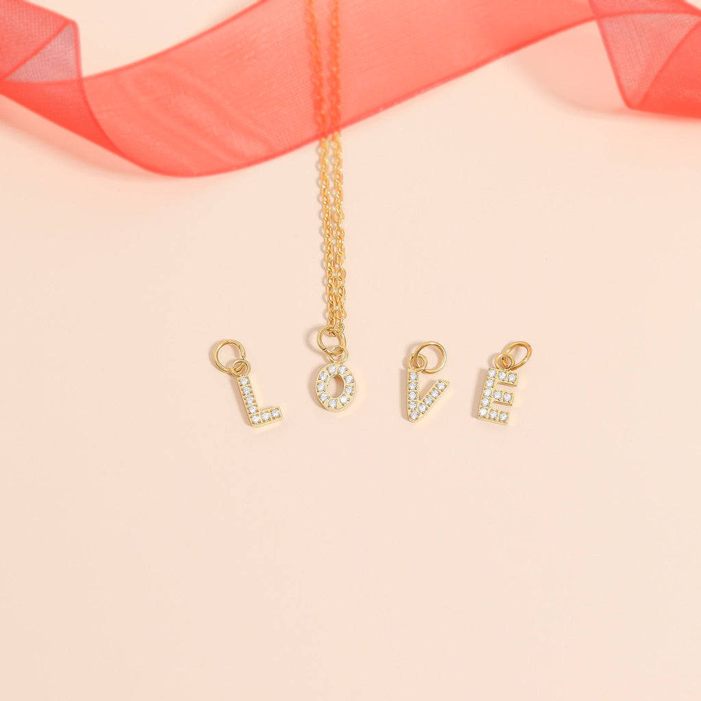 18k Gold Initial Charms – Pave CZ Letter Pendants | Stainless Steel, Hypoallergenic
