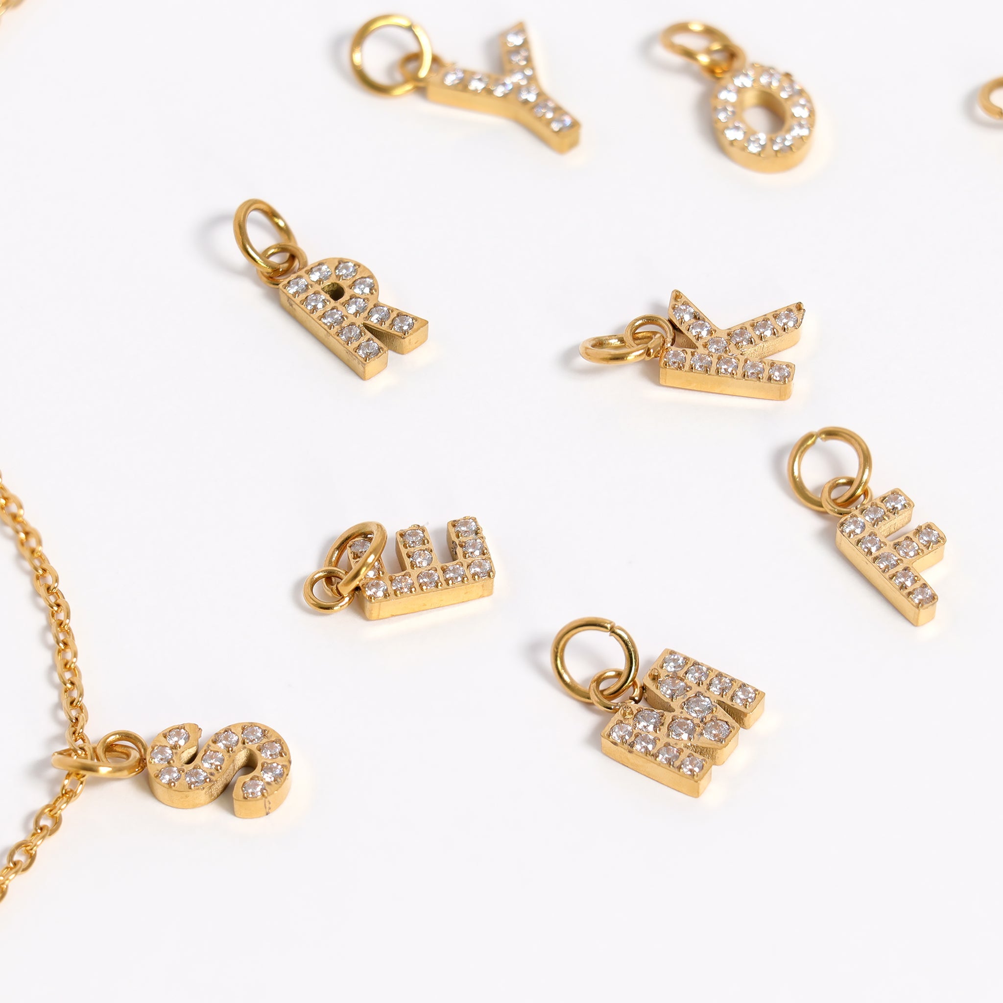 Gold Initial Letter Charms – 18K Gold Plated Pavé Set CZ Stainless Steel Jewelry