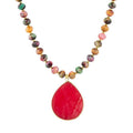Jeweled Multicolor Tiger's Eye and Pink Jade Pendant Golden Necklace
