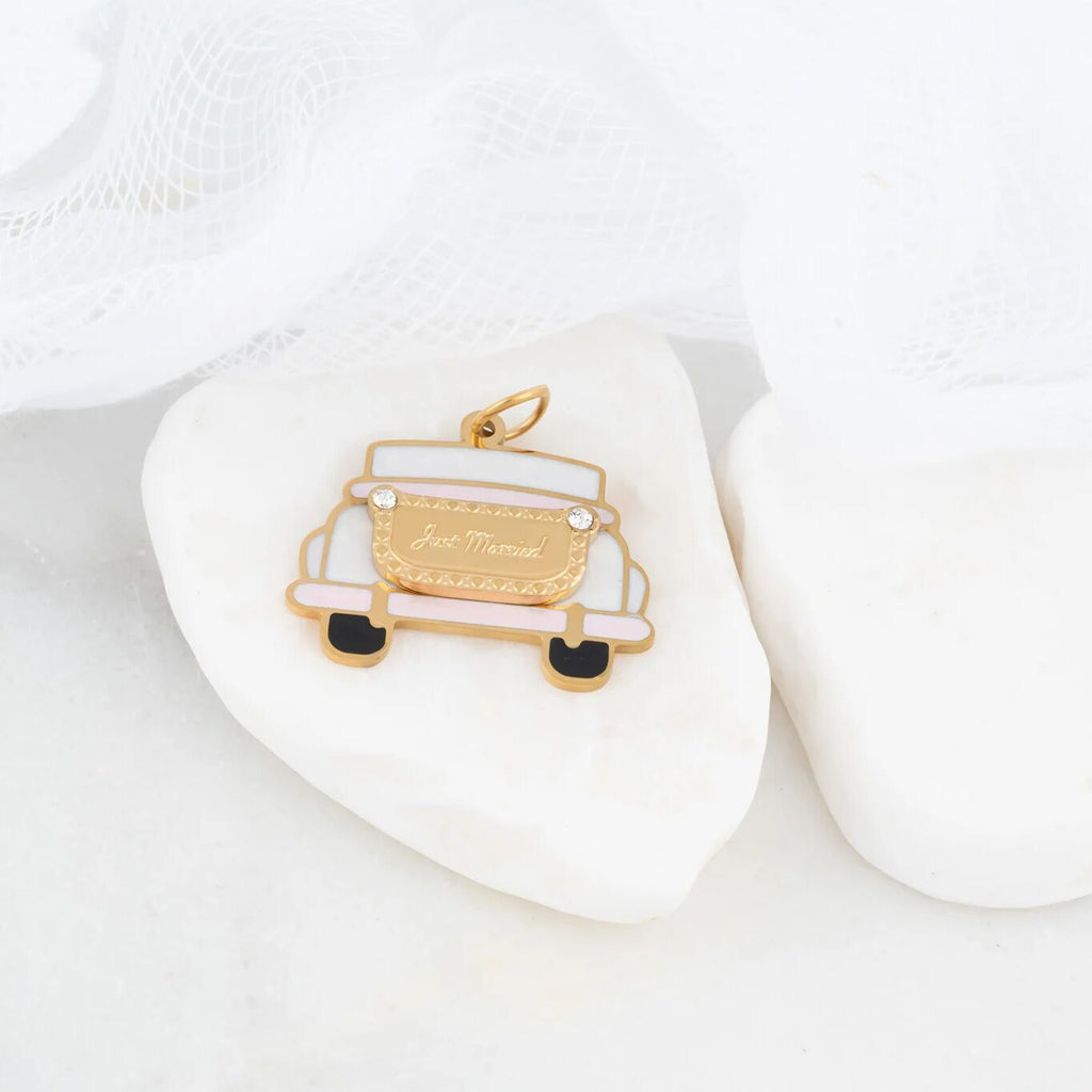 18K Gold PVD Stainless Steel Just Married Car Charm- gold studio 