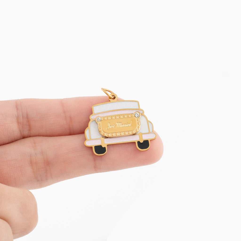 18K Gold PVD Stainless Steel Just Married Car Charm- gold scale shot 