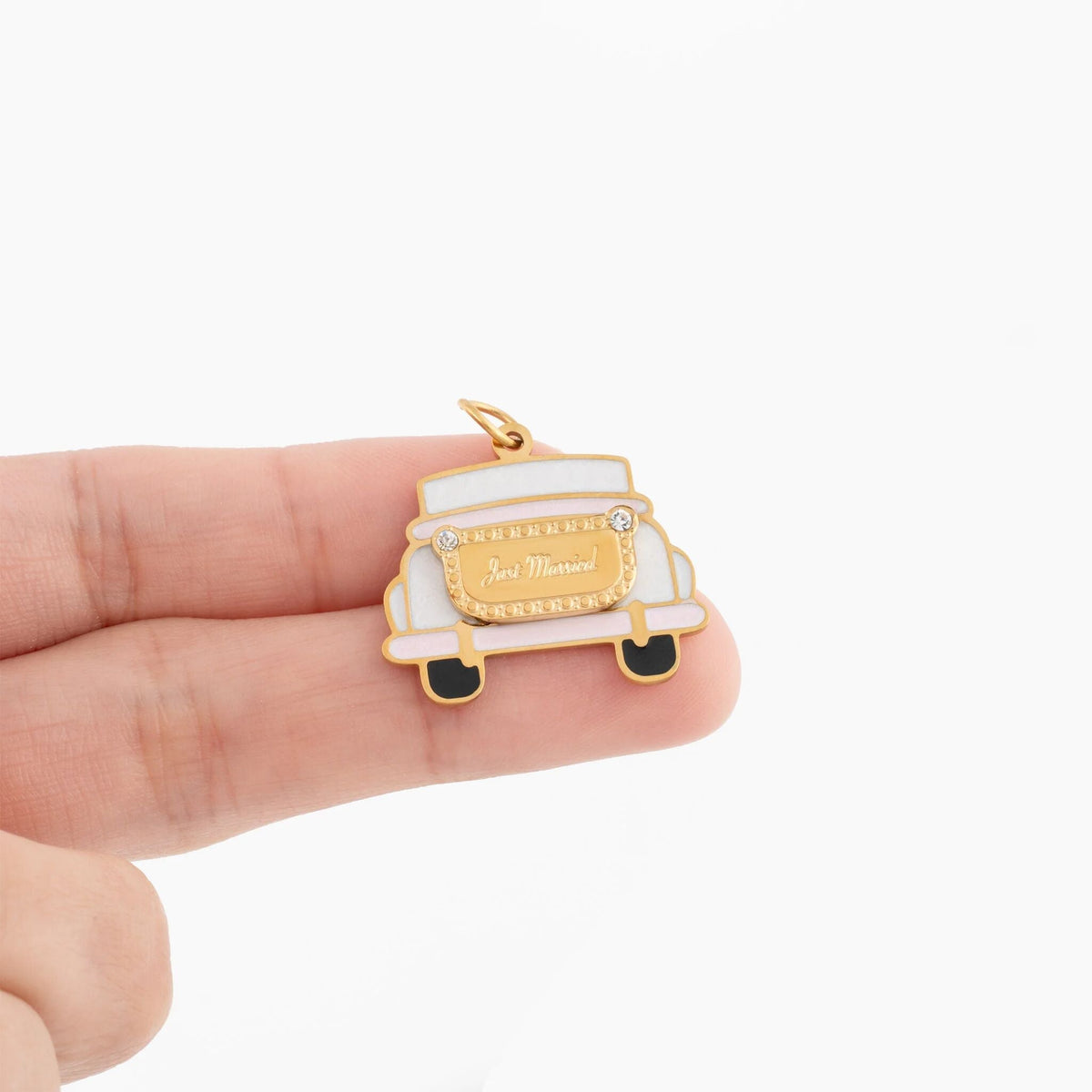 18K Gold PVD Stainless Steel Just Married Car Charm- gold scale shot 