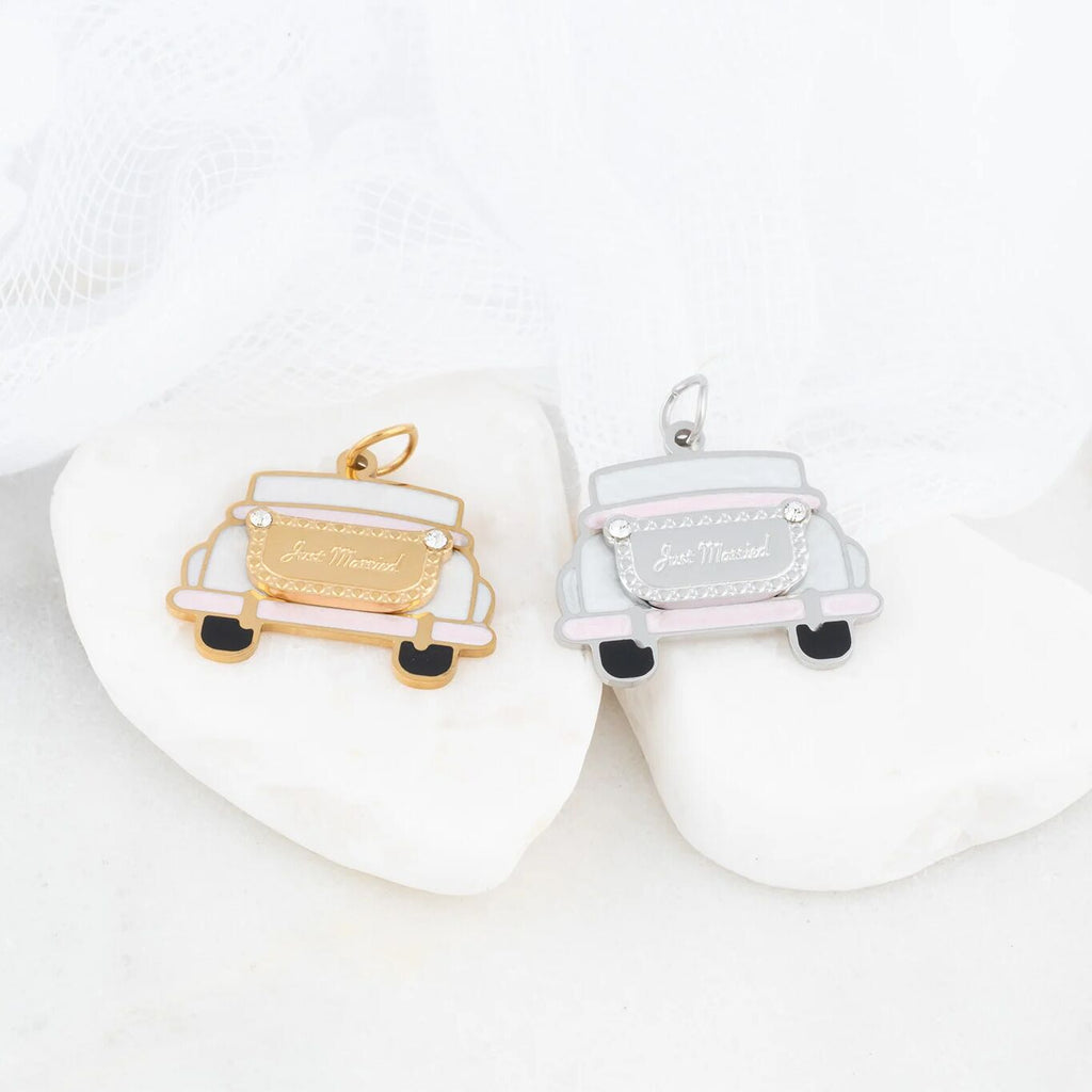 18K Gold PVD Stainless Steel Just Married Car Charm- gold and silver studio 
