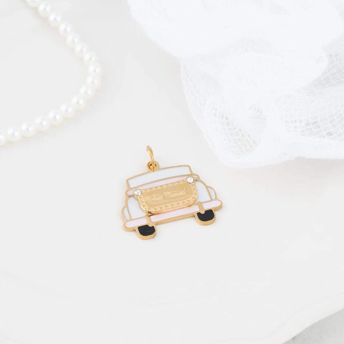 18K Gold PVD Stainless Steel Just Married Car Charm- gold studio 