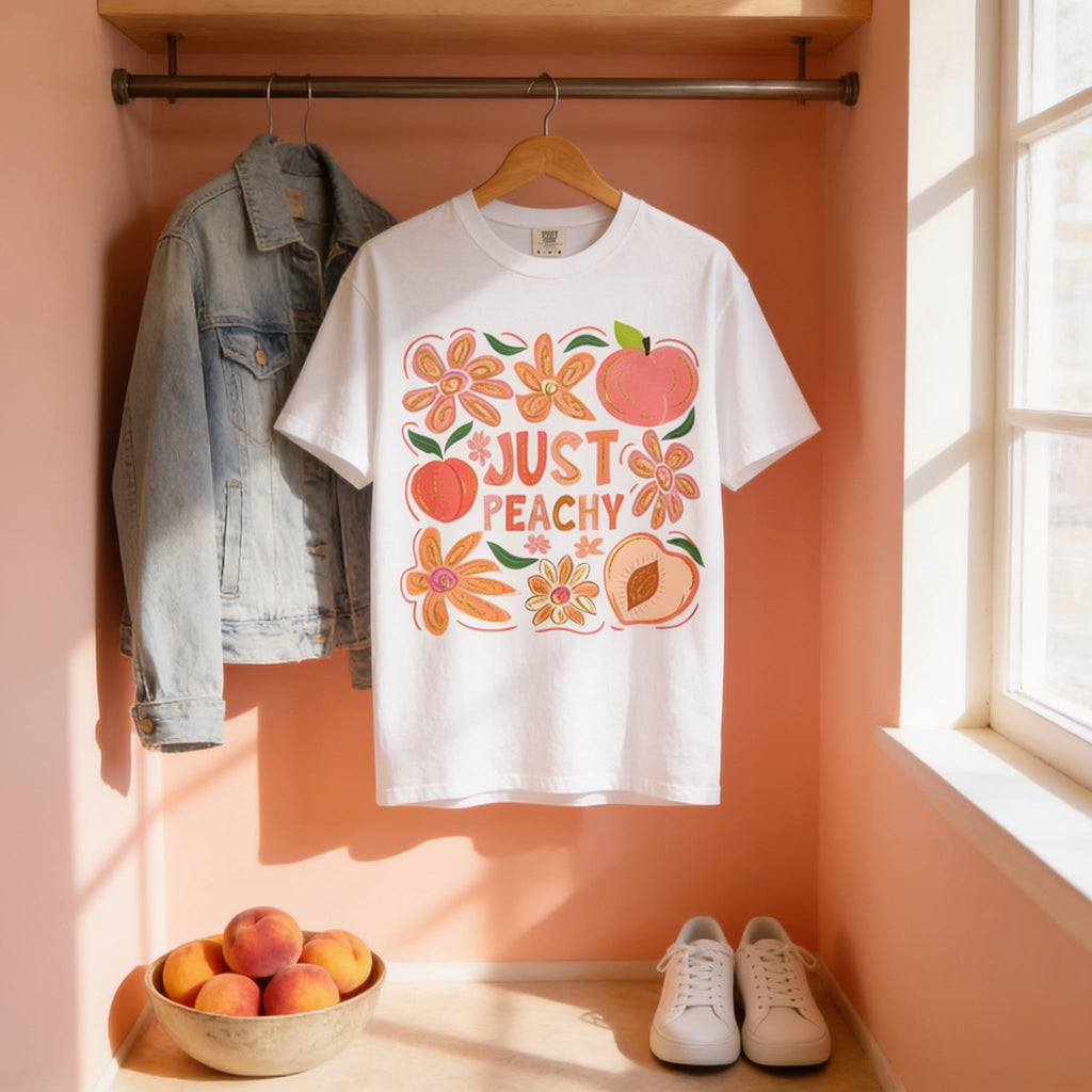 Just Peachy Tee - Vibrant Unisex T-Shirt With Playful Peach Shirt Print - T-Shirt | Sunflower Soul Boutique