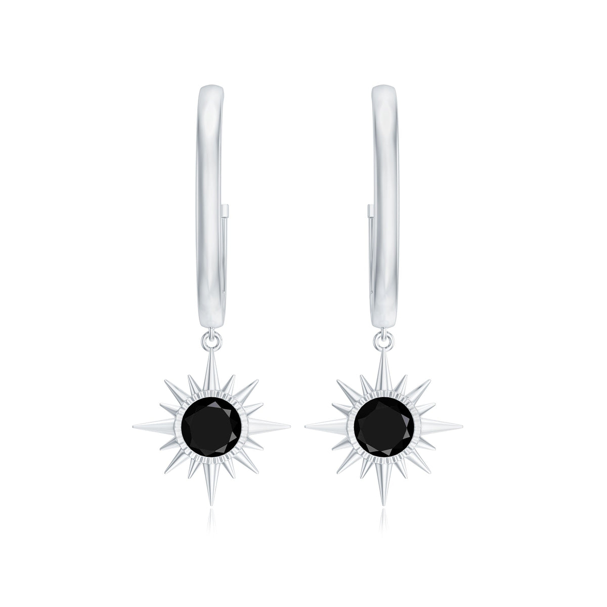 Lab Created Black Diamond Sunburst Hoop Earrings in Bezel Setting
