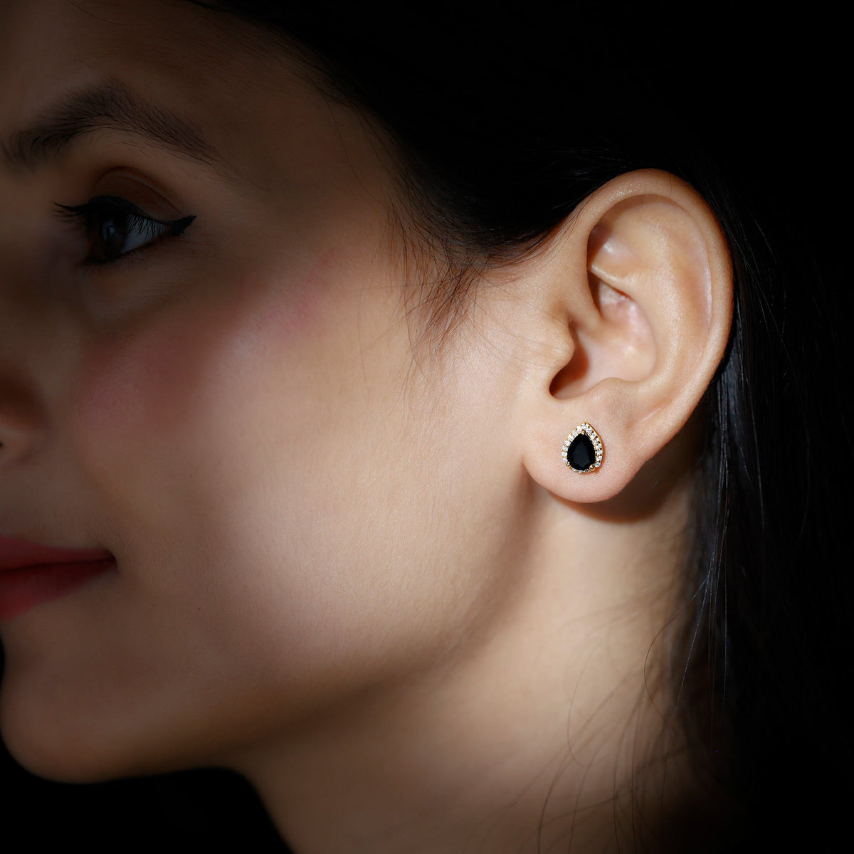 Lab Created Black Diamond Teardrop Stud Earrings with Diamond Halo
