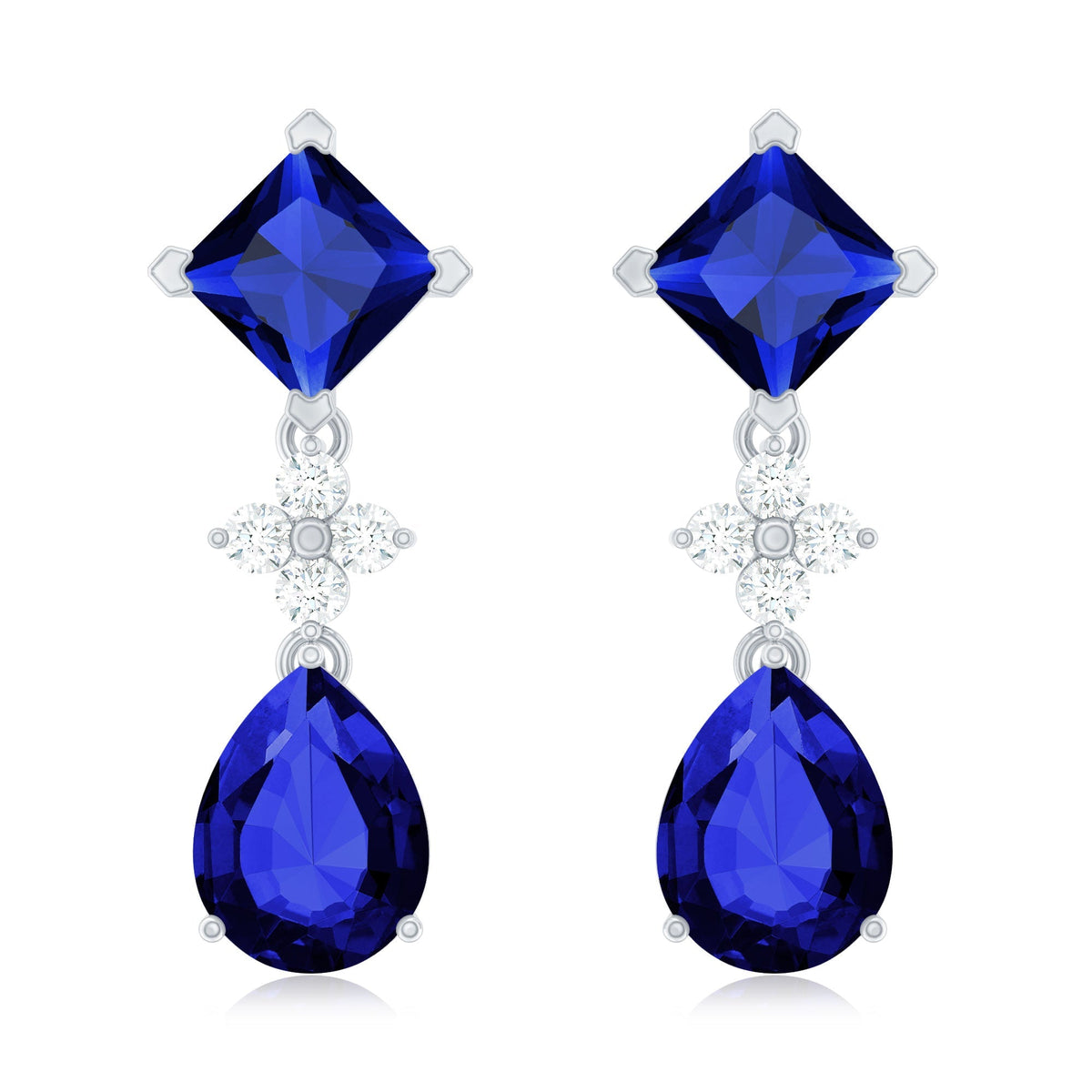 Lab Created Blue Sapphire and Diamond Wedding Drop Earrings
