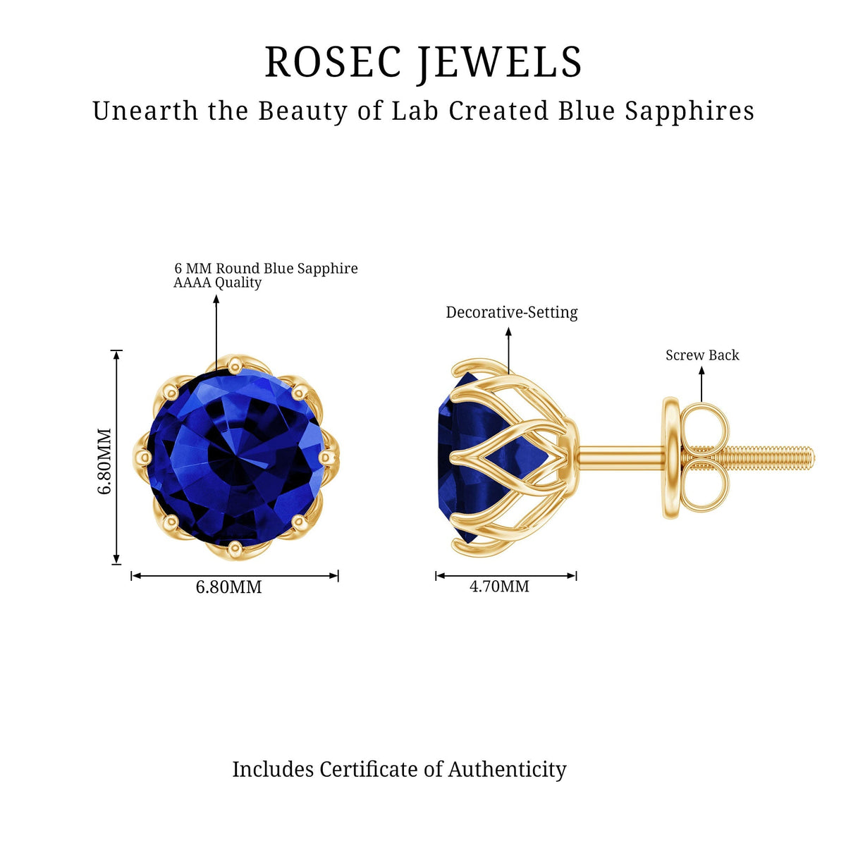 Lab Created Blue Sapphire Earrings – 6MM Round Cut Studs with Screw Back Closure