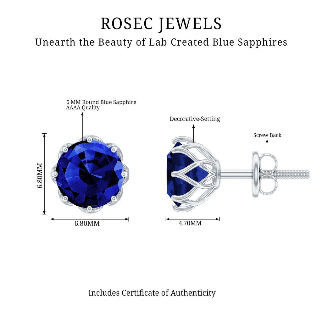 Lab Created Blue Sapphire Earrings – 6MM Round Cut Studs with Screw Back Closure