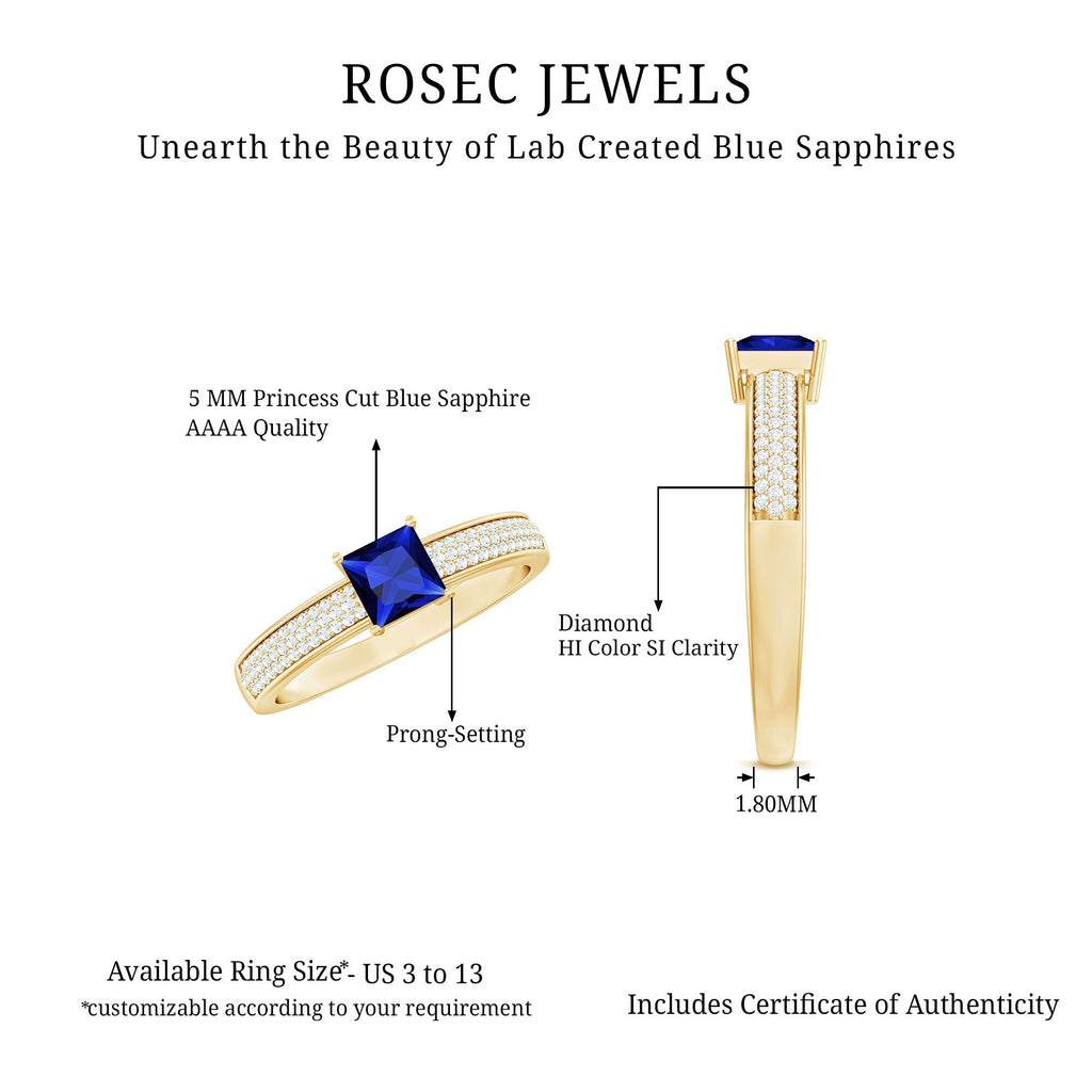 Lab Created Blue Sapphire Ring, 0.7 Carat Princess Cut Diamond