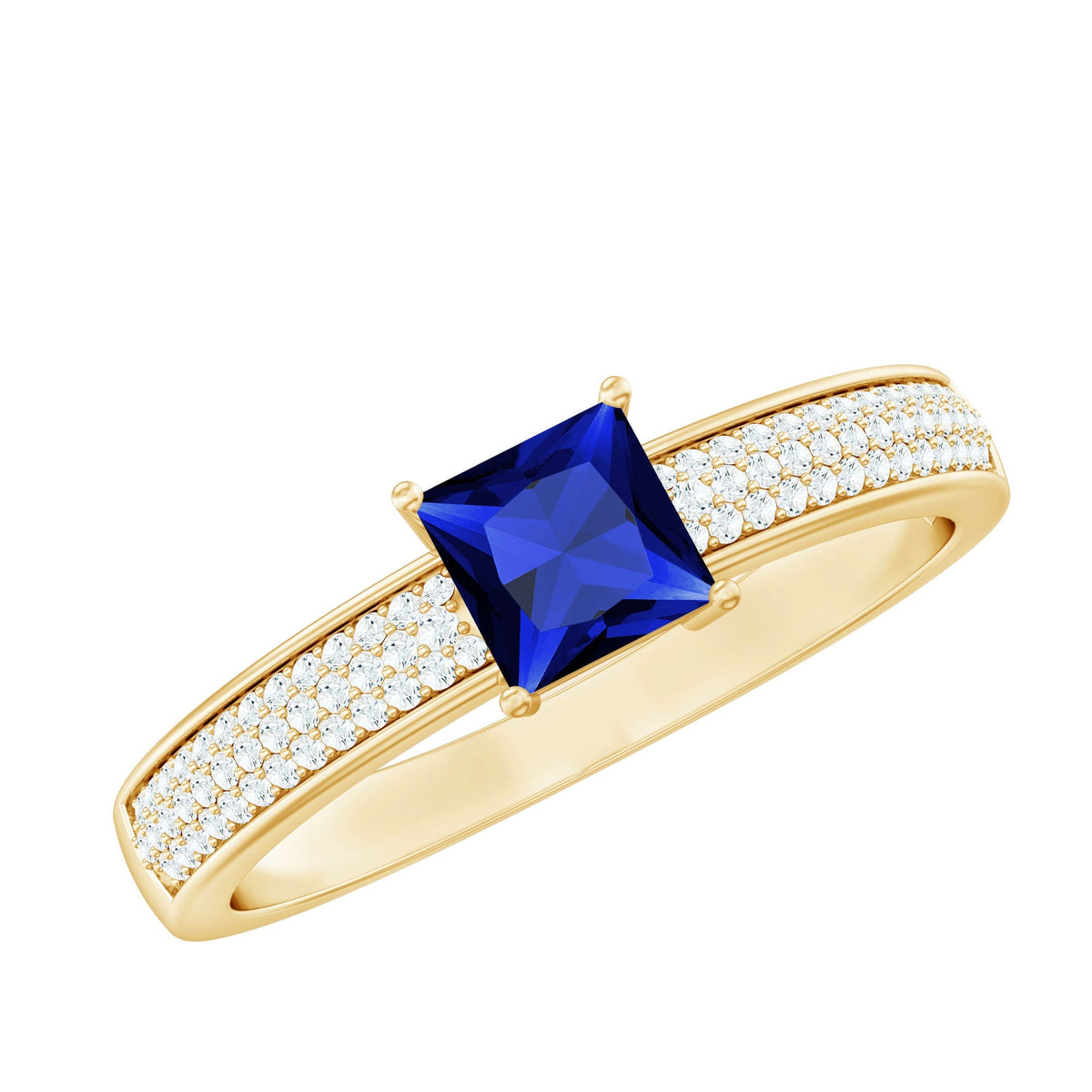 Lab Created Blue Sapphire Ring, 0.7 Carat Princess Cut Diamond