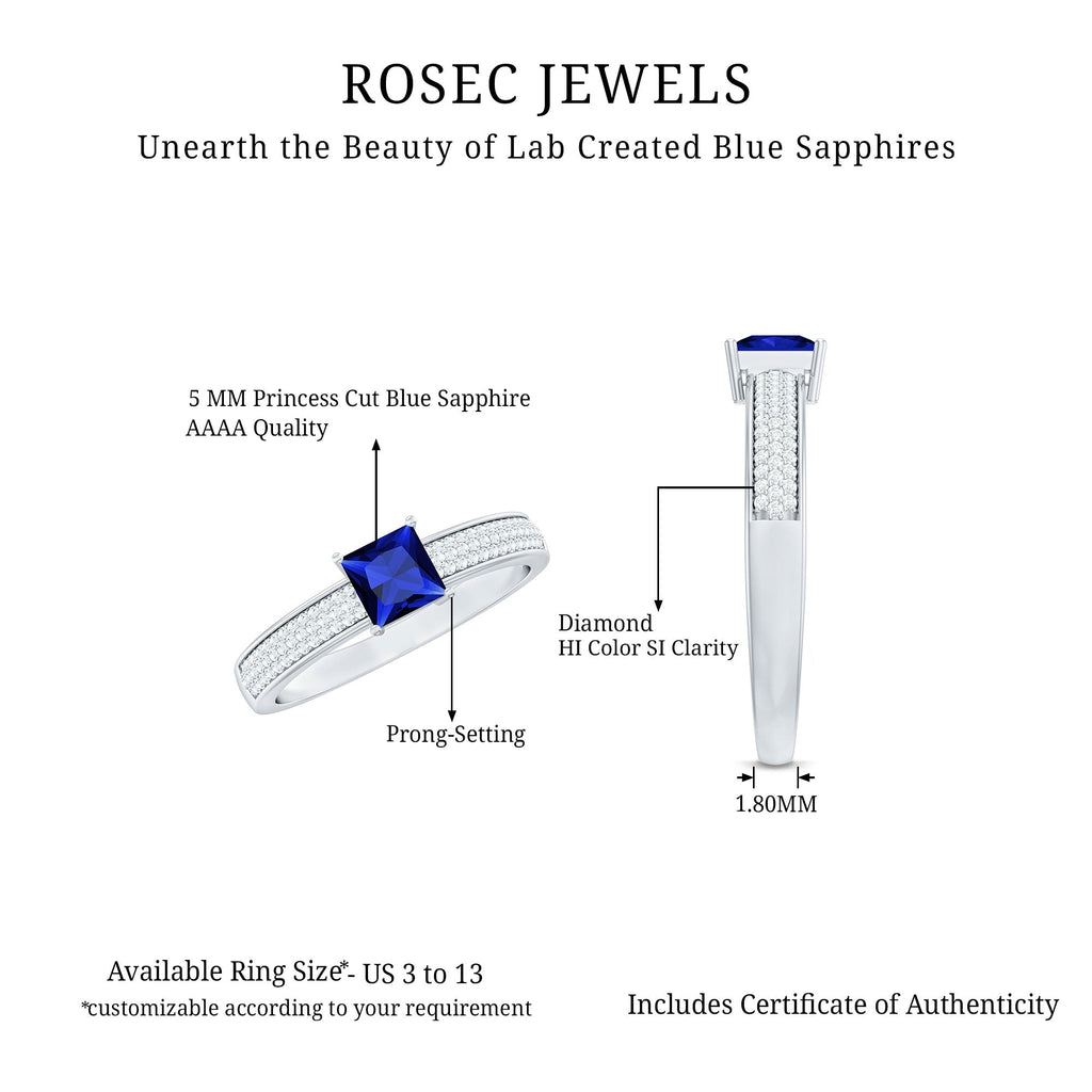 Lab Created Blue Sapphire Ring, 0.7 Carat Princess Cut Diamond