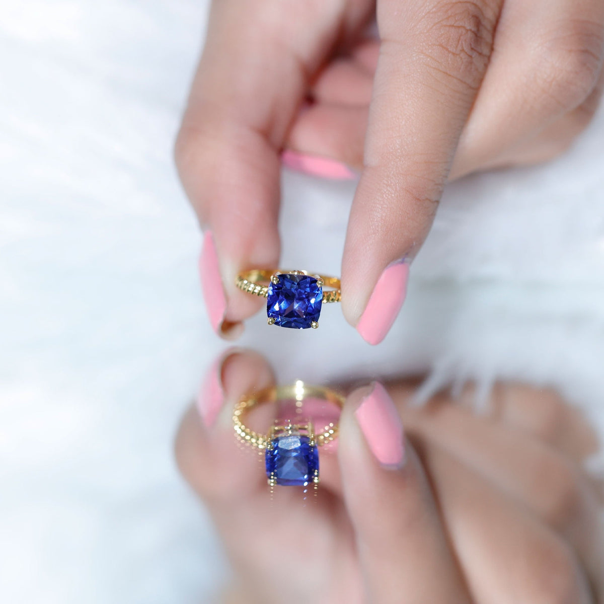 Lab Created Blue Sapphire Ring, 2.75 Carat Cushion Cut Solitaire