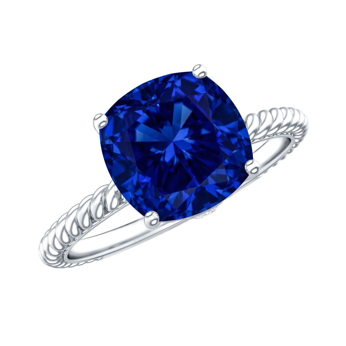Lab Created Blue Sapphire Ring, 2.75 Carat Cushion Cut Solitaire